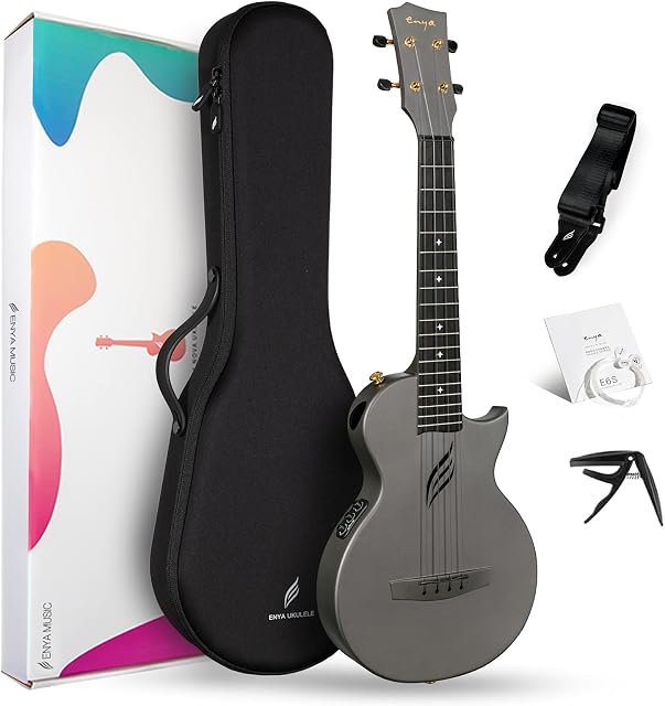 Enya Tenor Ukulele 26 Inch Carbon Fibre Acousticplus Cutaway Travel Ukelele pour adulte avec kit de bundle débutant comprenant leçons vidéo en ligne, boîtier, strap, Capo et cordes (Nova UE Pro Noir)