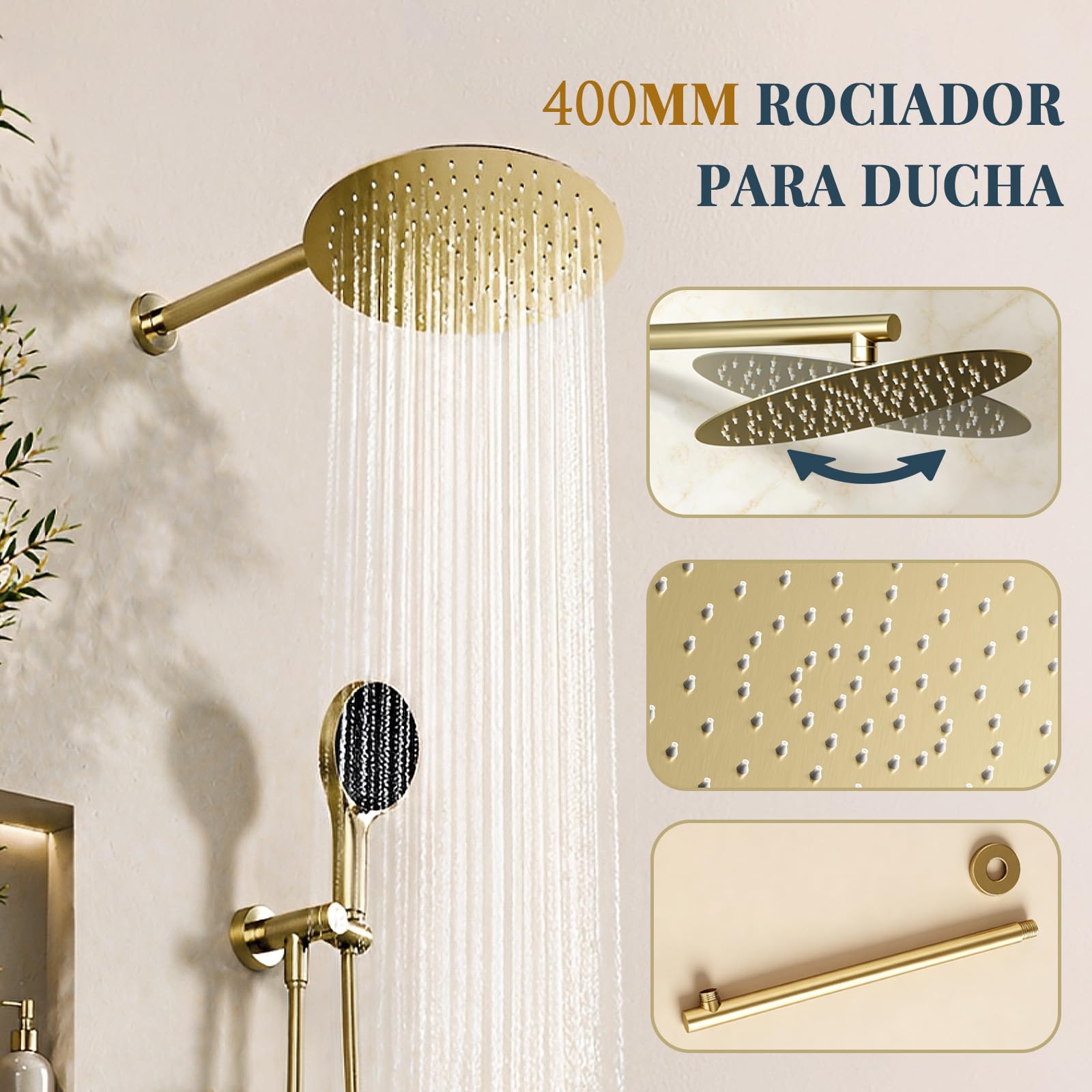 Columna Ducha Empotrada Duchas de Baño Dorada con Alcachofa Superior Grande de 40 cm, Sistema Ducha Empotrado con Rociador de Ducha 3 Modos, Oro Duchas de Baño Columna de Latón