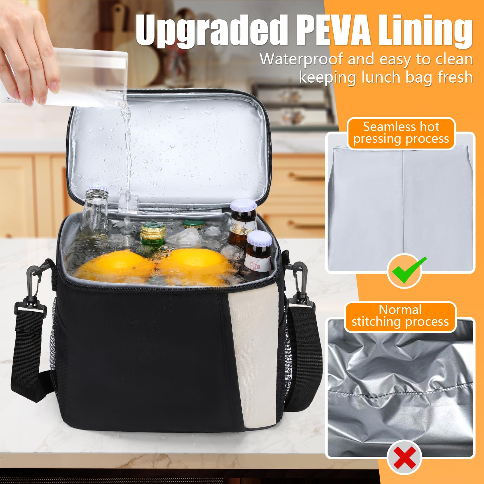 Torba Termiczna 8,6L, Szczelna Torba Chłodząca z Regulowanym Paskiem na Ramię, Torba na Lunch z Szerokim Otworem na Pracę, Piknik, Szkołę, Czarna