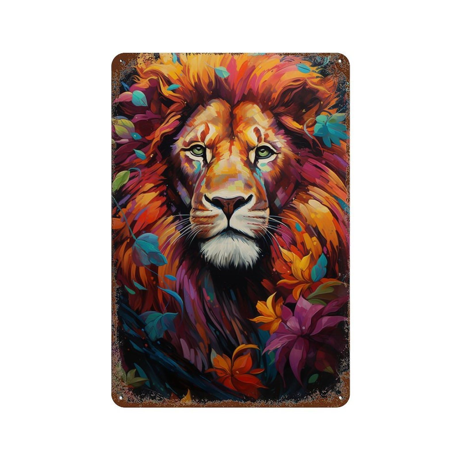 Colorful Lion Art Print-2 11.8"x7.9" Weathered Tin Sign, Shabby Chic Decor for Farmhouse, Kitchen And Entryway Decor
