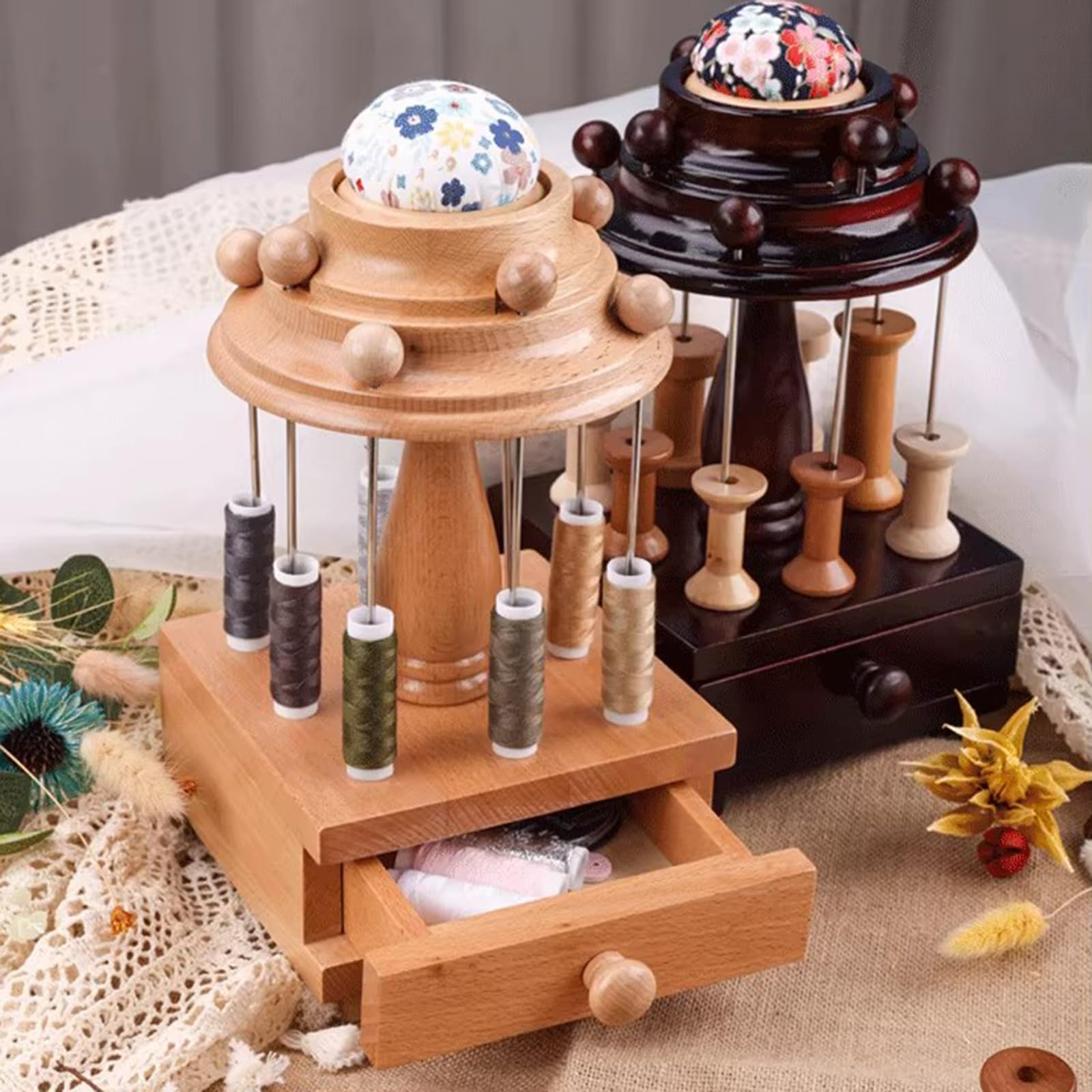 Wooden Sewing Organizer, Solid Wood Needlework Box, Seamstress Sewing Basket, with Drawer, 8 Spool Holders, Top Storage Compartment, for Sewing Supplies, Hobby Craft Tools, Needles Assorted