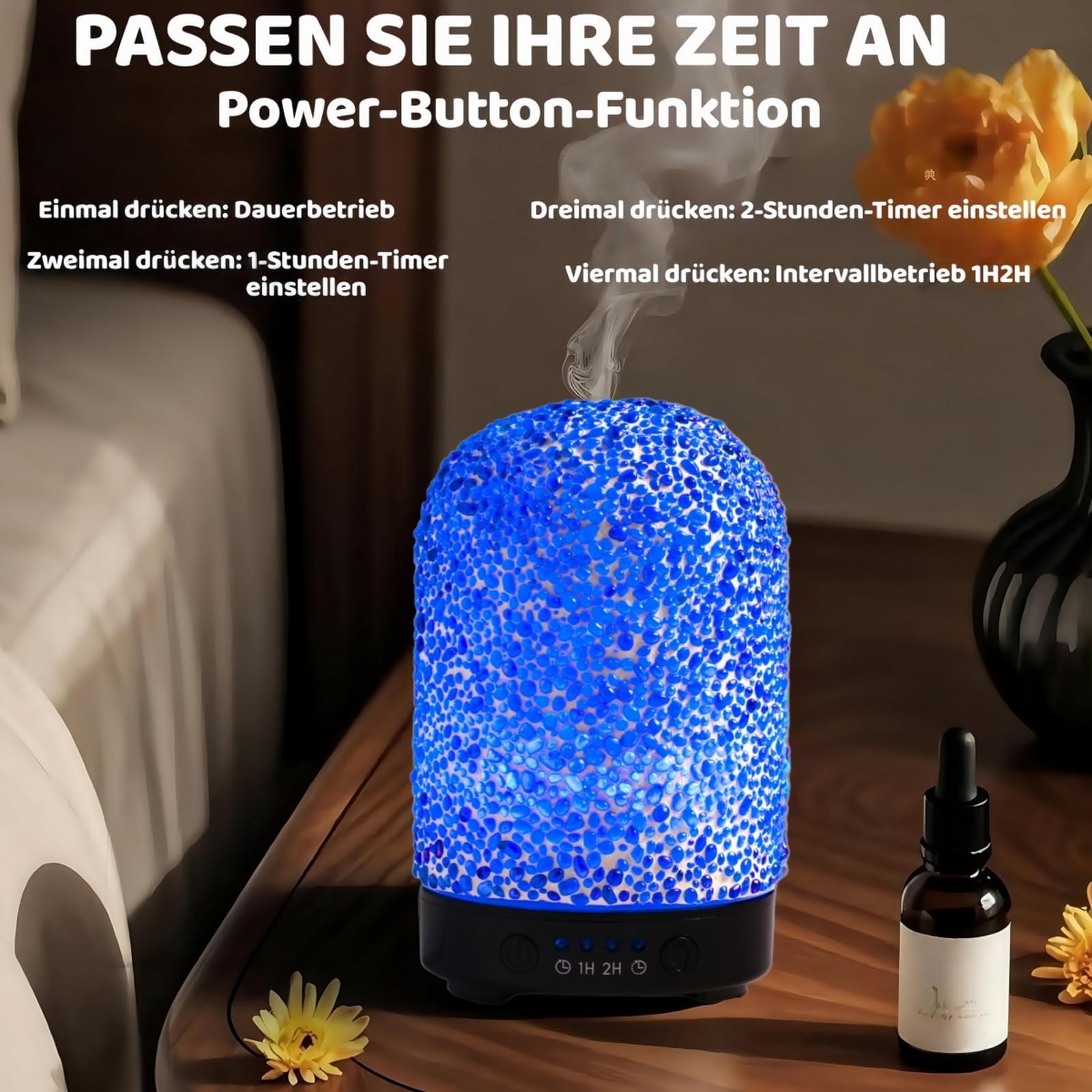 VOREEN Diffusore di aromi con vetro a mosaico incollato manualmente, nebulizzatore a ultrasuoni per oli essenziali con luce a LED e timer, diffusore di profumo per camera da letto, ufficio