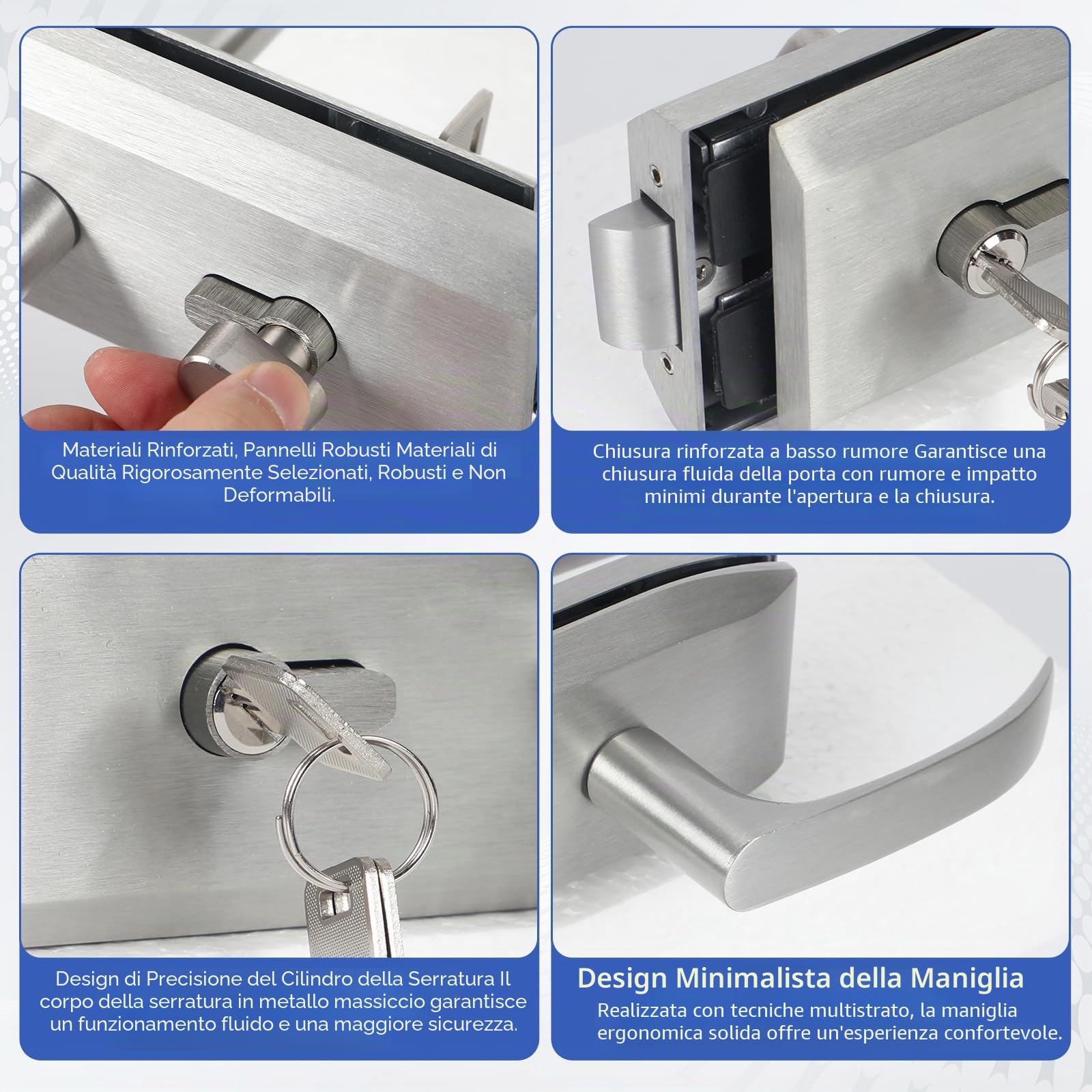 Serratura per porta in vetro in acciaio inox, maniglia scorrevole con 3 chiavi, in acciaio inox opaco, con tacca, per ufficio, bagno, camera da letto, balcone