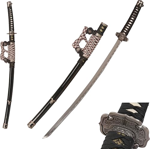 Katana samurái japonesa estilo Ieyasu Tokugawa de 39.4 pulgadas con mango negro y vaina para cosplay, colección