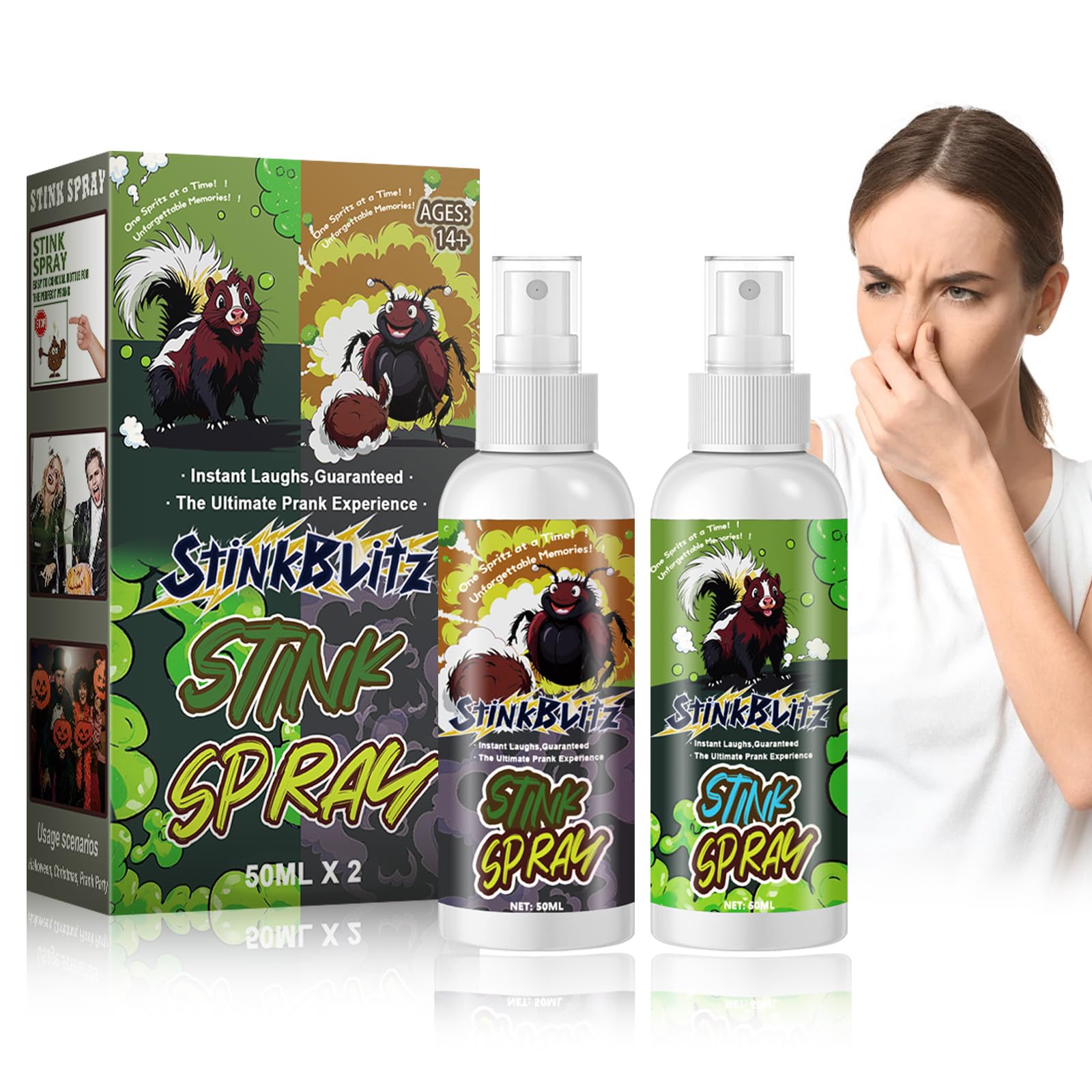 Płynny Spray Flake, śmierdzące butelki, śmierdzące spray, śmieszne dowcipy, bardzo mocny płynny aerozol, zabawny spray do wyciskania dla dorosłych, śmierdzący spray żart (50 ml × 2)