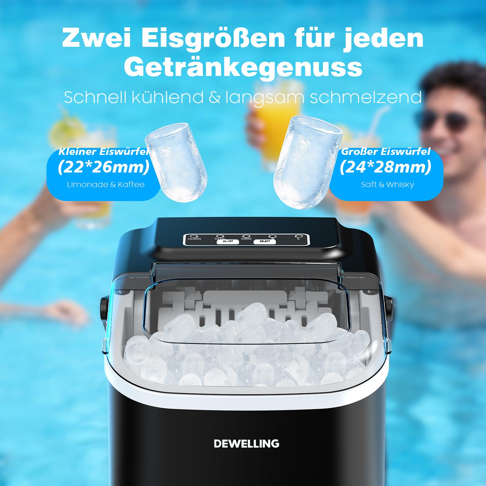 Máquina de cubitos de hielo – 8 cubitos de hielo en 6 minutos (12 kg/24 h), autolimpieza y silenciosa, 2 tamaños de cubitos de hielo, máquina de hielo portátil para cocina, fiesta, camping y