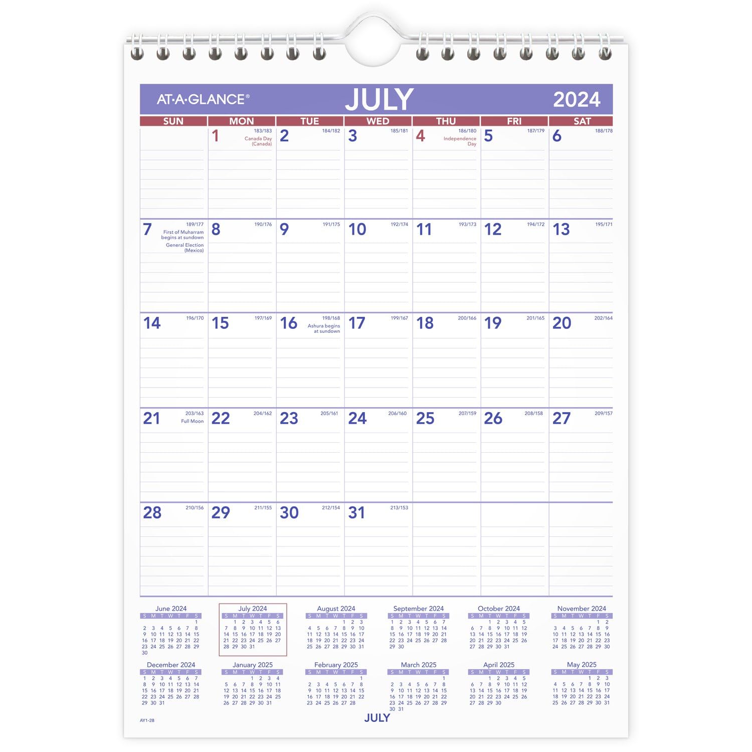 AT-A-GLANCE Wall Calendar 2024-2025 Academic, Monthly, 11" x 8", Small, Ruled Daily Blocks (AY128)