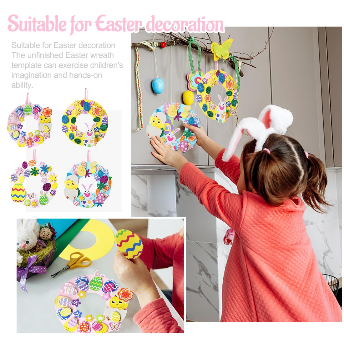 Wishstar 8 sztuk Zestaw do robótek wielkanocnych dla dzieci, zestaw DIY wielkanocny wieniec, zestaw do robótek z króliczym jajkiem wielkanocnym, zestaw do naklejania z mosiądzu do wielkanocnych