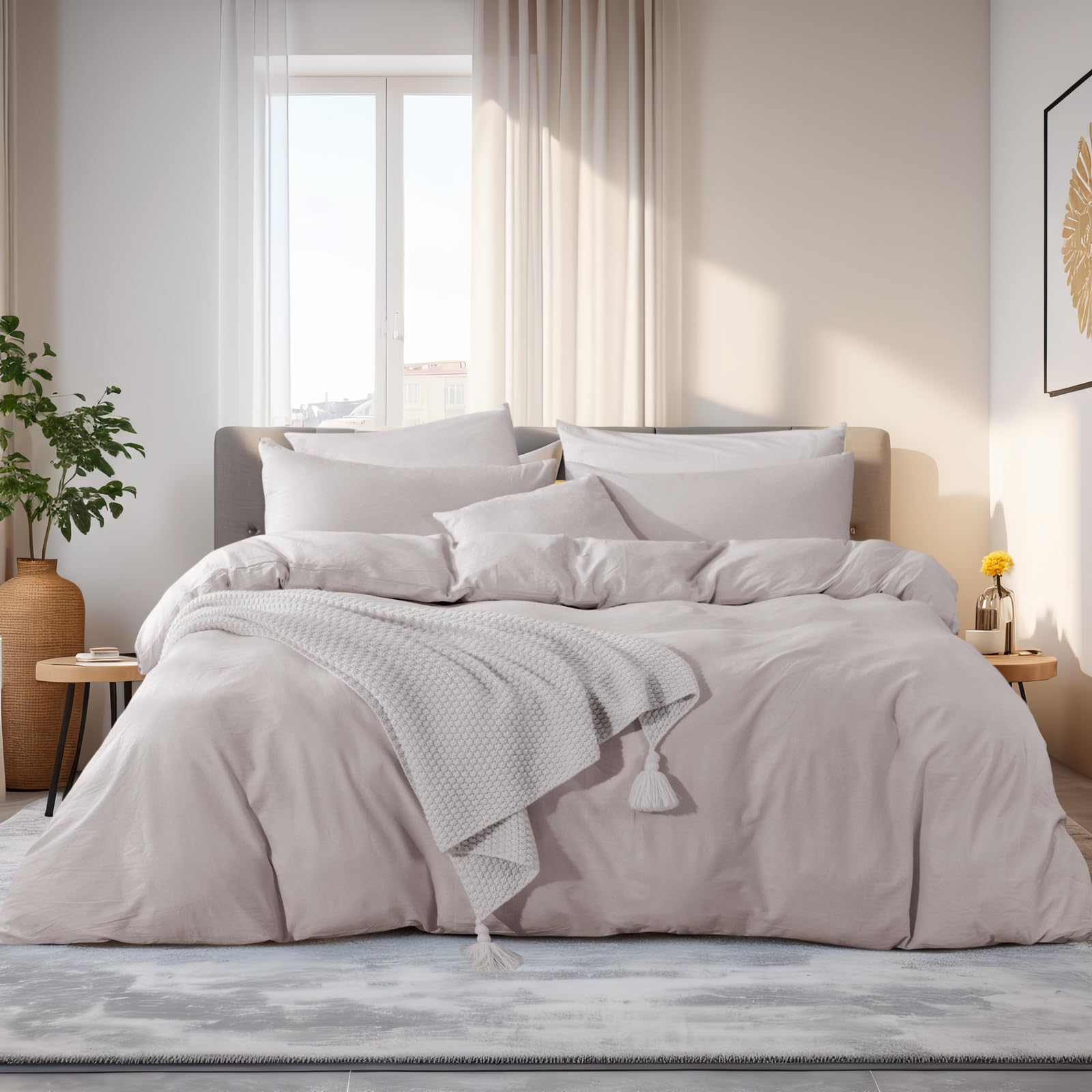 NEXHOME PRO Duvet Cover Queen Size, 100% Washed Cotton Orgnic Linen Like Textured Breathable Durable Comfy, 3 PCs Home Bedding Set