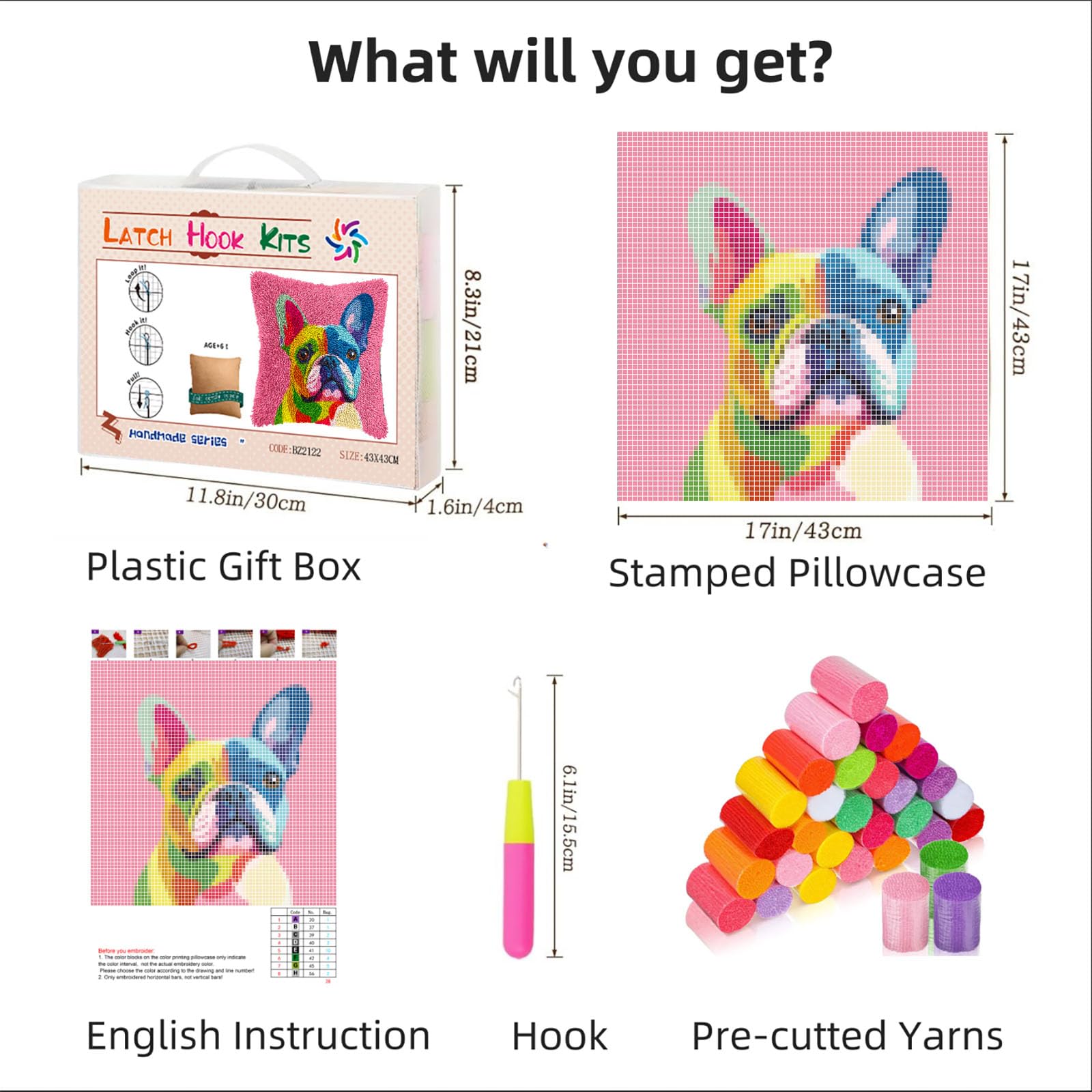 DIY Latch Hook Pillow Kits for Adults Rainbow French Bulldog Printed Pillowcase Crochet Yarns Hooking Handmade Pillow Cover Cushion for Home Sofa Decoration 17x17inch-4