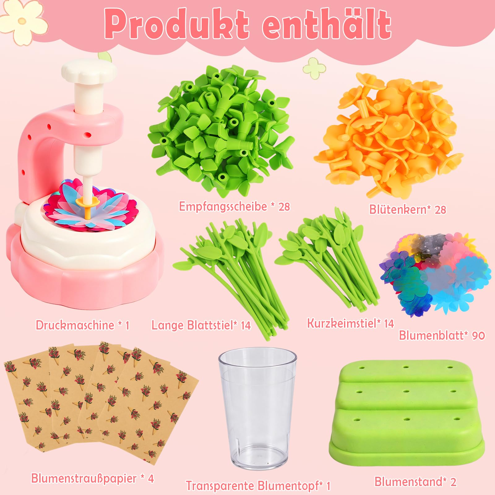 DIY Blumen Basteln Kinder, Blumenpresse mit Blumenmaschine, Komplettes Bastelset mit reichlich Zubehör für Mädchen ab 4–12 Jahre, Bastelspielzeug,Geschenk für Geburtstag, Muttertag und Weihnachten