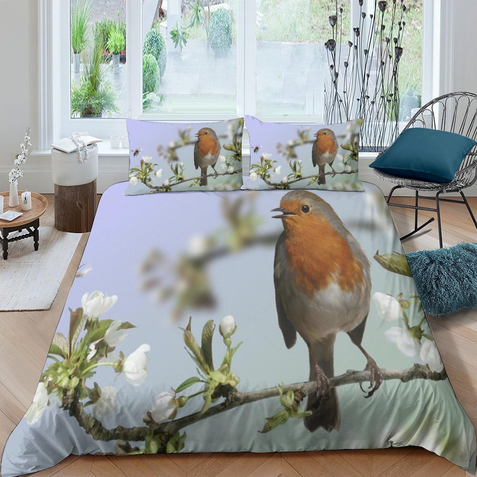 Ctjqhvkz Style-2 3D Printed Blossom Bird Fitted Sheet Microfiber Soft Bedroom Decor Robin Mattress Cover Anti-Slip Washable Single（135X200cm）