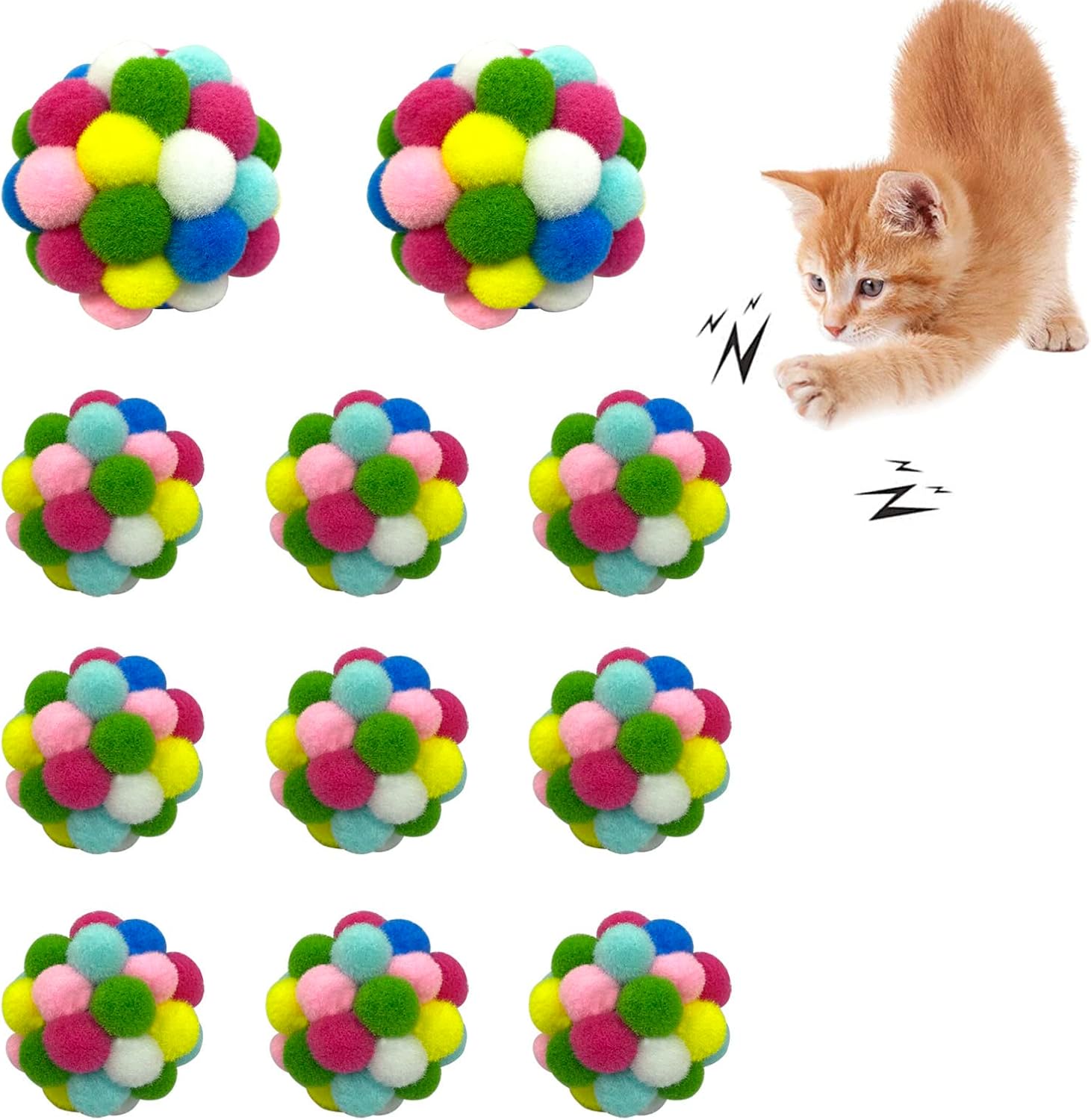 Yaonrach Cat Bell Balls Toy - 11 Pack Colorful Soft Kitten Balls with Bell Inside, Interactive Chasing Cat Fuzzy Chewing Balls with Bells for Indoor Cats and Kittens…