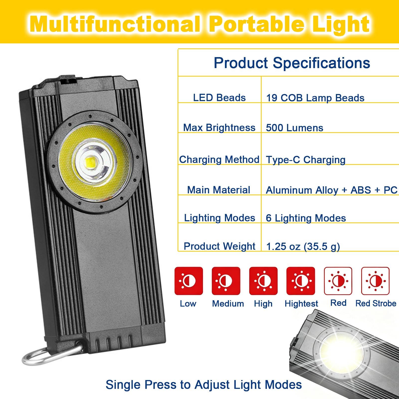 Torcia portachiavi, 500 lumen, ricaricabile, mini luce portatile con magnete e portatile, luce tascabile EDC per campeggio, escursionismo, emergenza