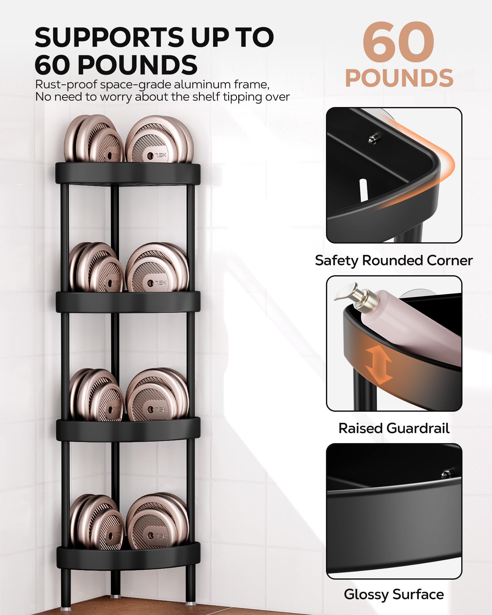 Nieifi Organizador de ducha esquinero de aluminio de 4 niveles, resistente al óxido, color negro
