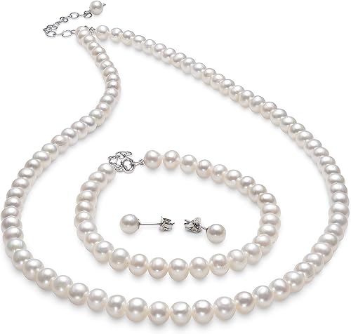 Conjunto de perlas cultivadas de agua dulce para mujer con collar, pulsera y aretes, Perla, Perla