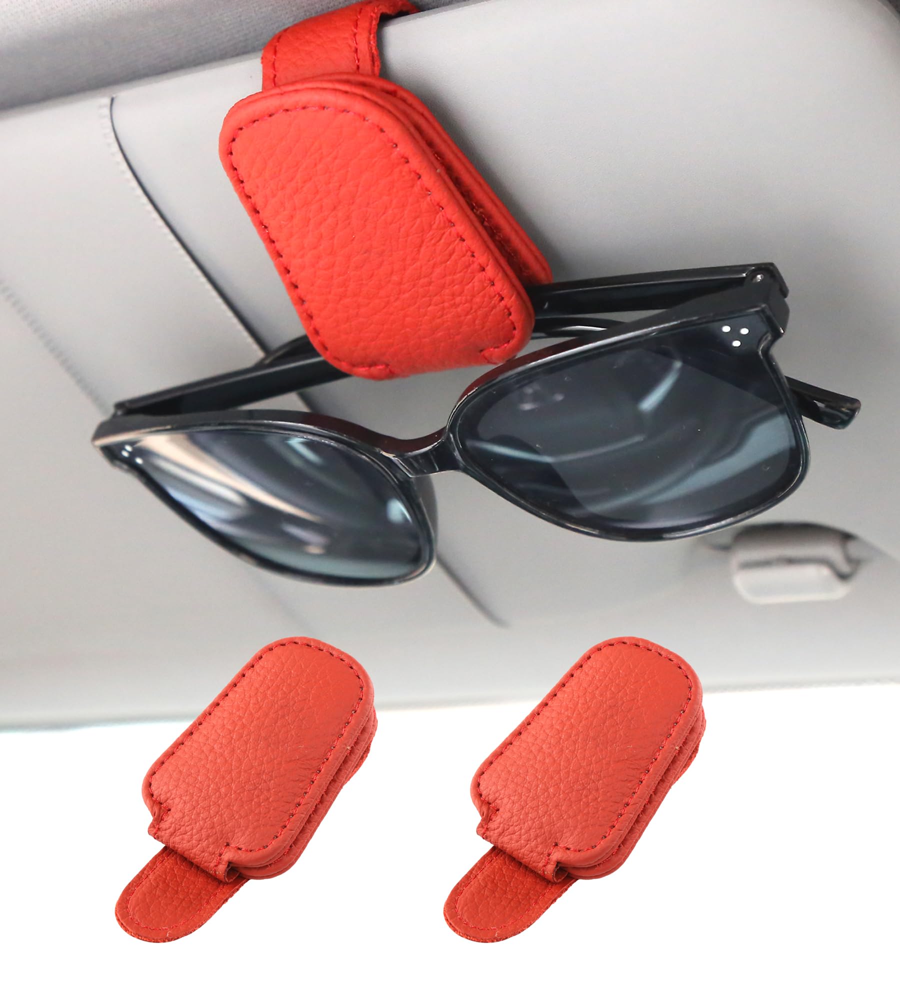 Shering Sunglasses Holders for Car Sun Visor, 2pack Red Magnetic Leather Glasses Eyeglass Hanger Clip for Car, Visor Sunglasses Holder Clip Car Accessories for Truck