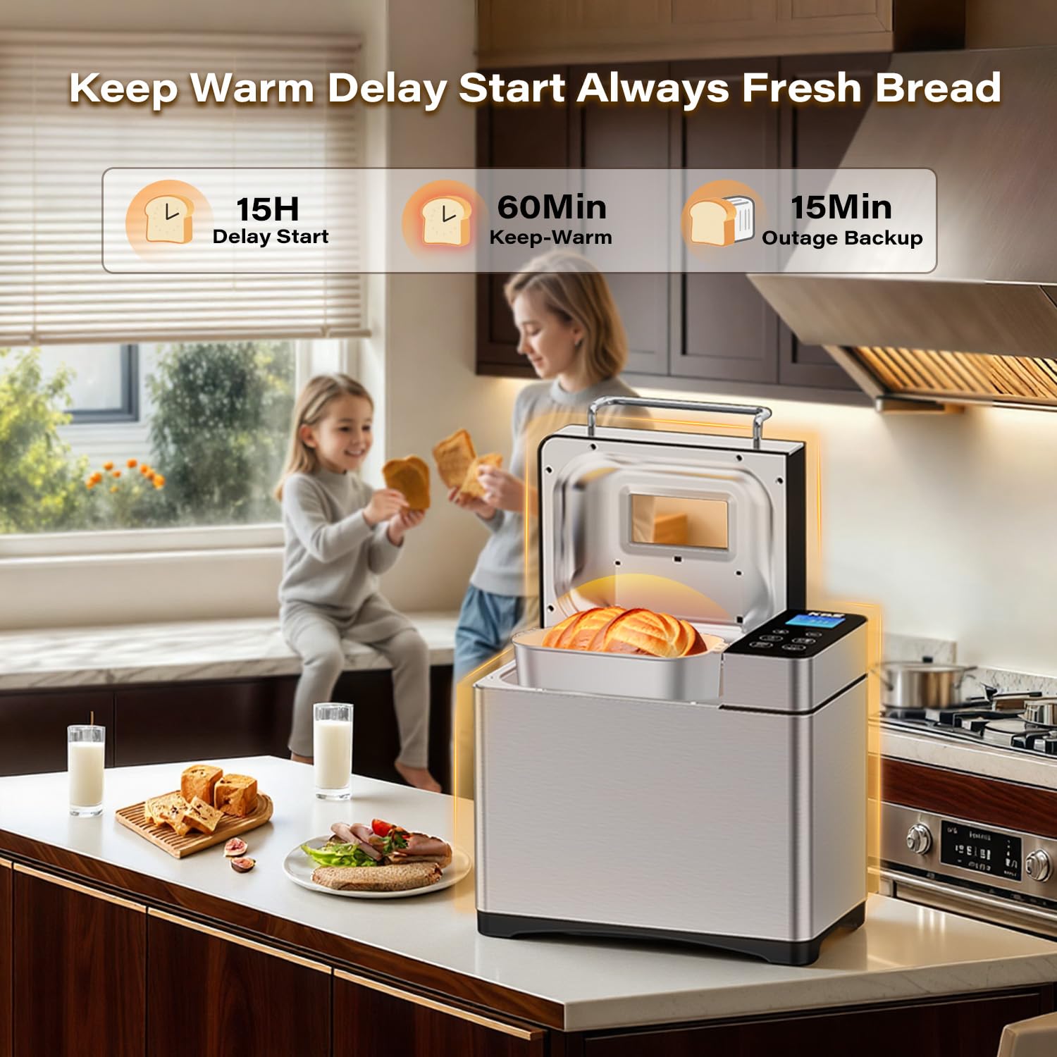 Máquina de pan Pro de acero inoxidable, 2 libras, 17 en 1, programable XL panificadora con dispensador de frutos secos, sartén de cerámica antiadherente y panel táctil digital, 3 tamaños de pan, 3 5