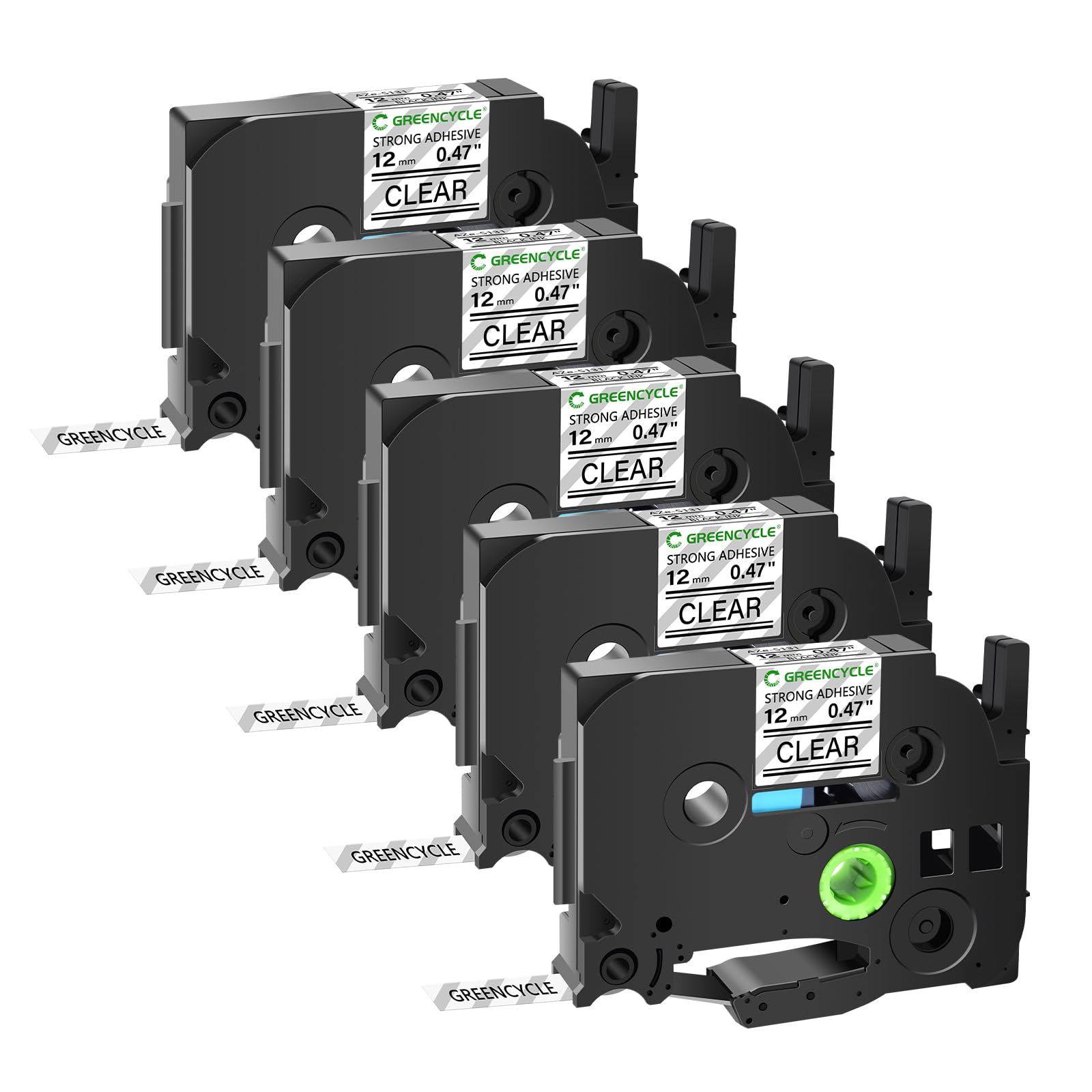 GREENCYCLE Extra Strength Label Tape TZe-S131 12mm 0.47" Laminated Clear Compatible for Brother P-Touch TZeS131 TZ-S131 TZe TZ 1/2 inch Black on Clear Label Tape for PT-D200 PT-D210 PT-D220 5 Pack