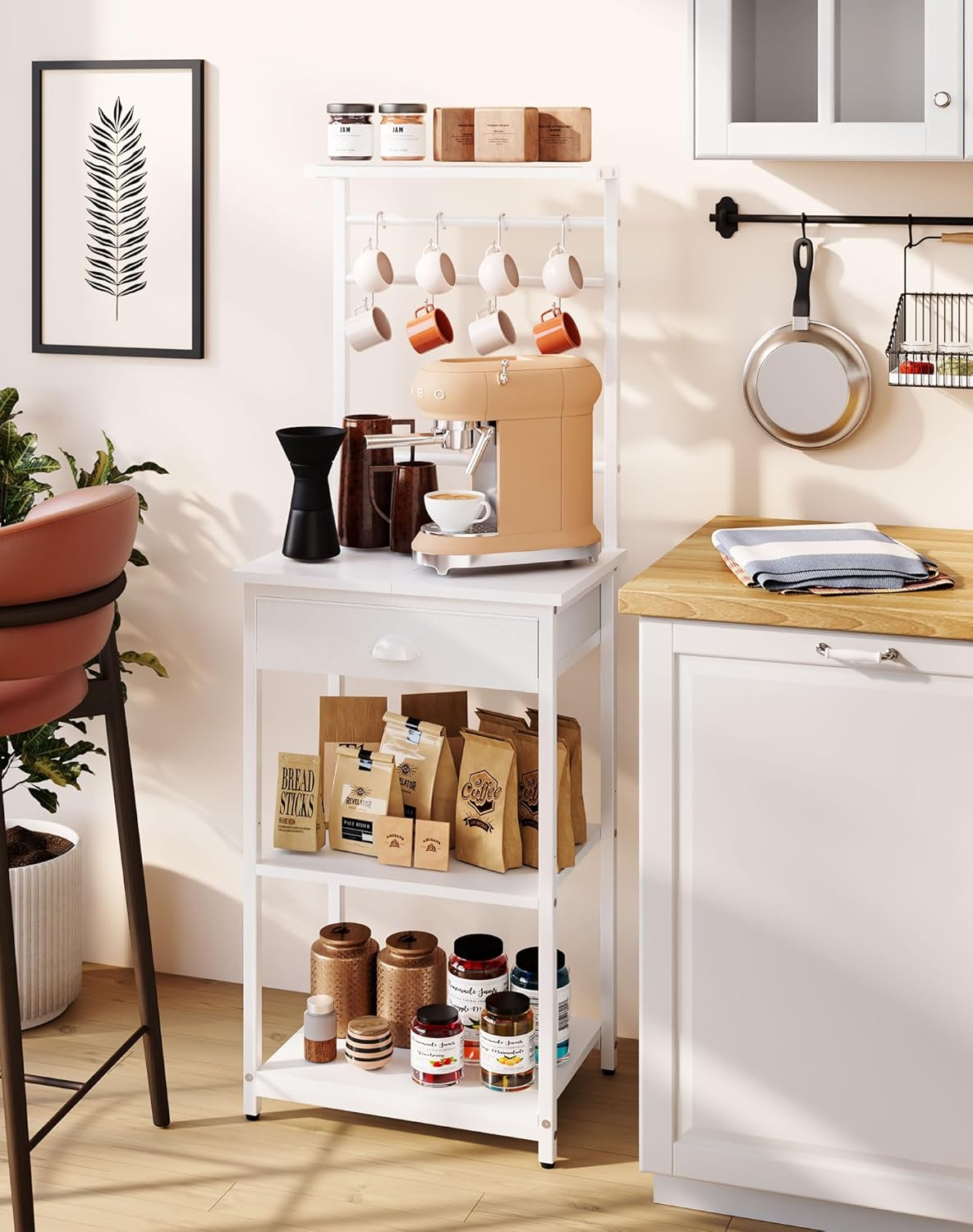 YMYNY 5 Tier Coffee Bar Station, Coffee Stand with Fabric Drawers, 8 S-Shaped Hooks, Corner Bar Cabinet, Height Adjustable, Bakers Rack for Kitchen, Living Room, White HBR009W