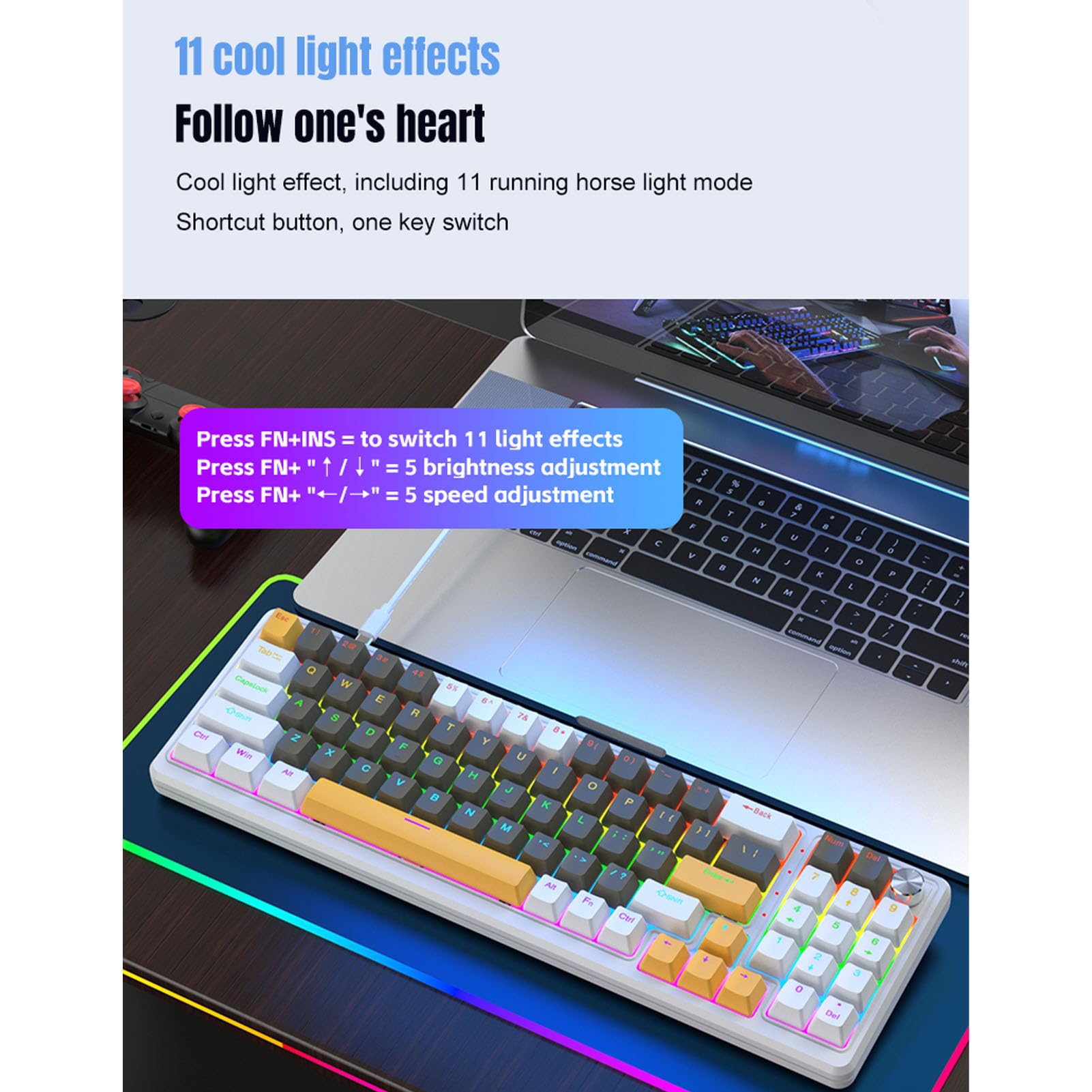 Asixxsix Mechaniczna klawiatura do gier, bezprzewodowa klawiatura mechaniczna z 11 dynamicznymi diodami RGB, podświetlana, układ 75% (WHITE)