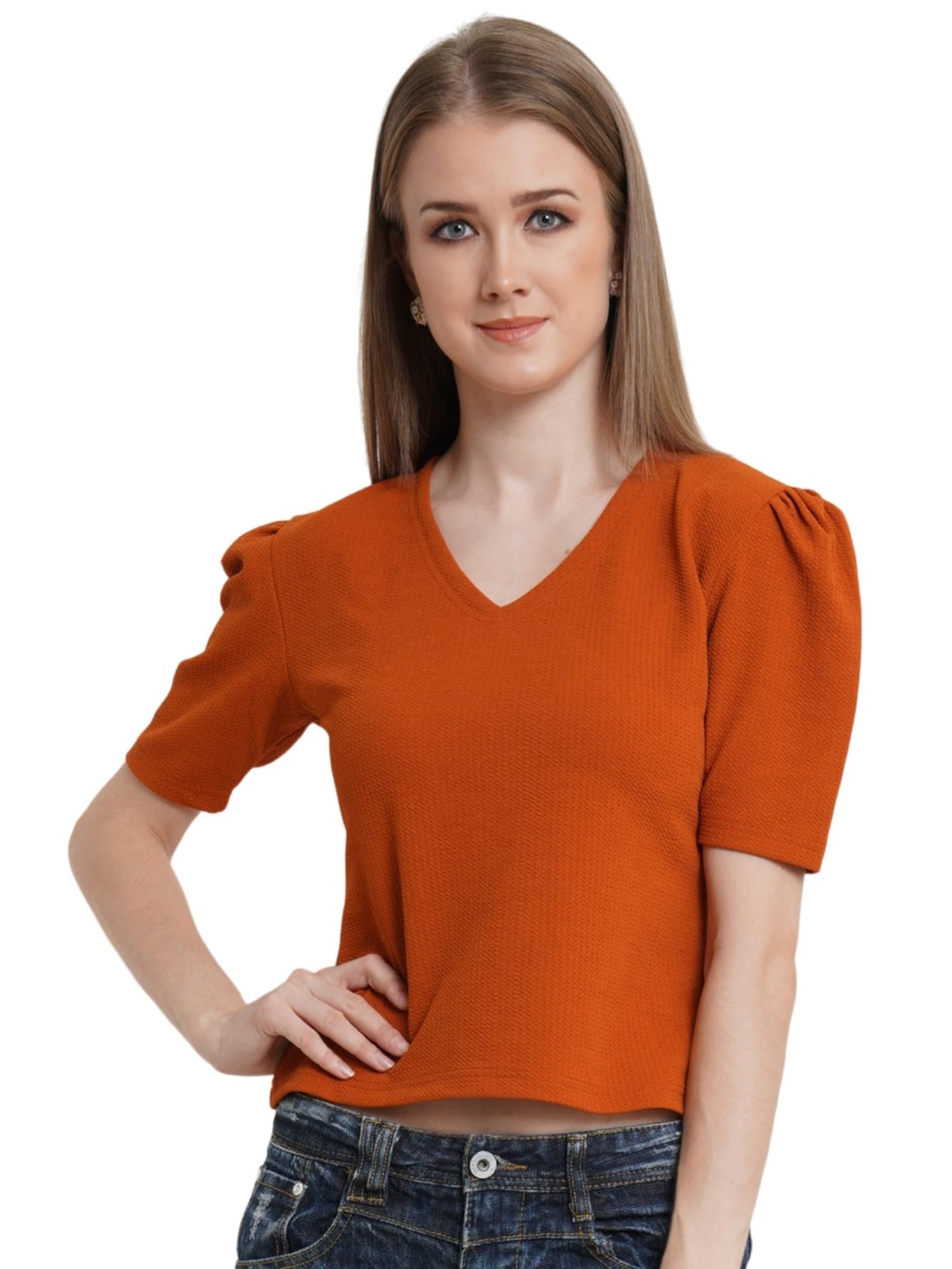 Casual Solid Puff-Sleeves Crop Top for Women || V-Neck Crop Top for Women || Half-Sleeves Summer Crop Top for Women || Crop Tops for Women Latest Fancy Crop Top for Women