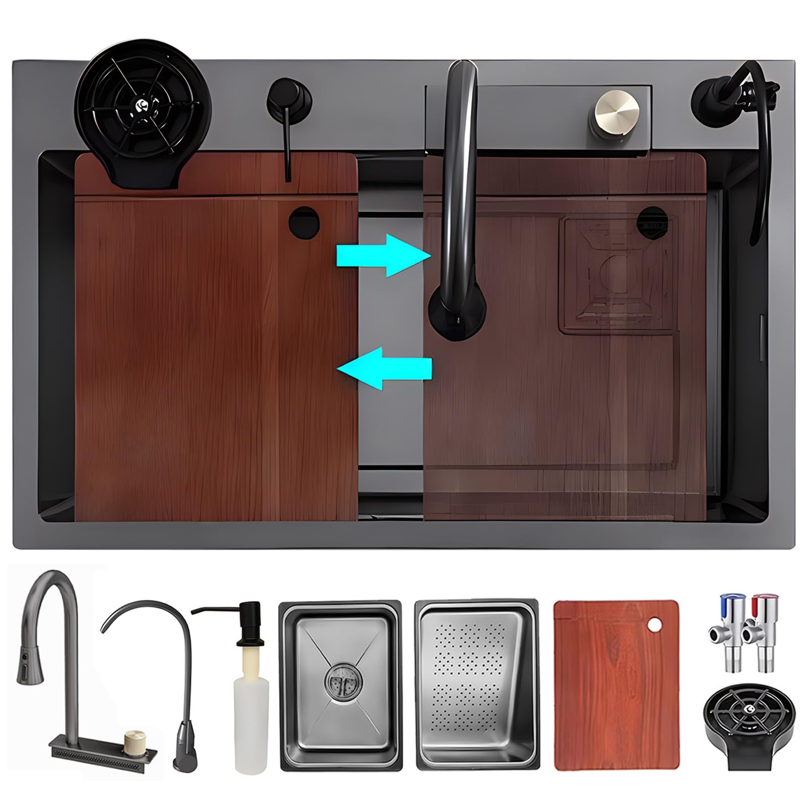 WIQUYBML Workstation Kitchen Sink With Waterfall Faucet, Domestic Stainless Steel Basin Single Bowl Set, Pressure Pot Washer, Cutting Board, Draining Basket, And Accessories(Black-Gray B,75x46cm)