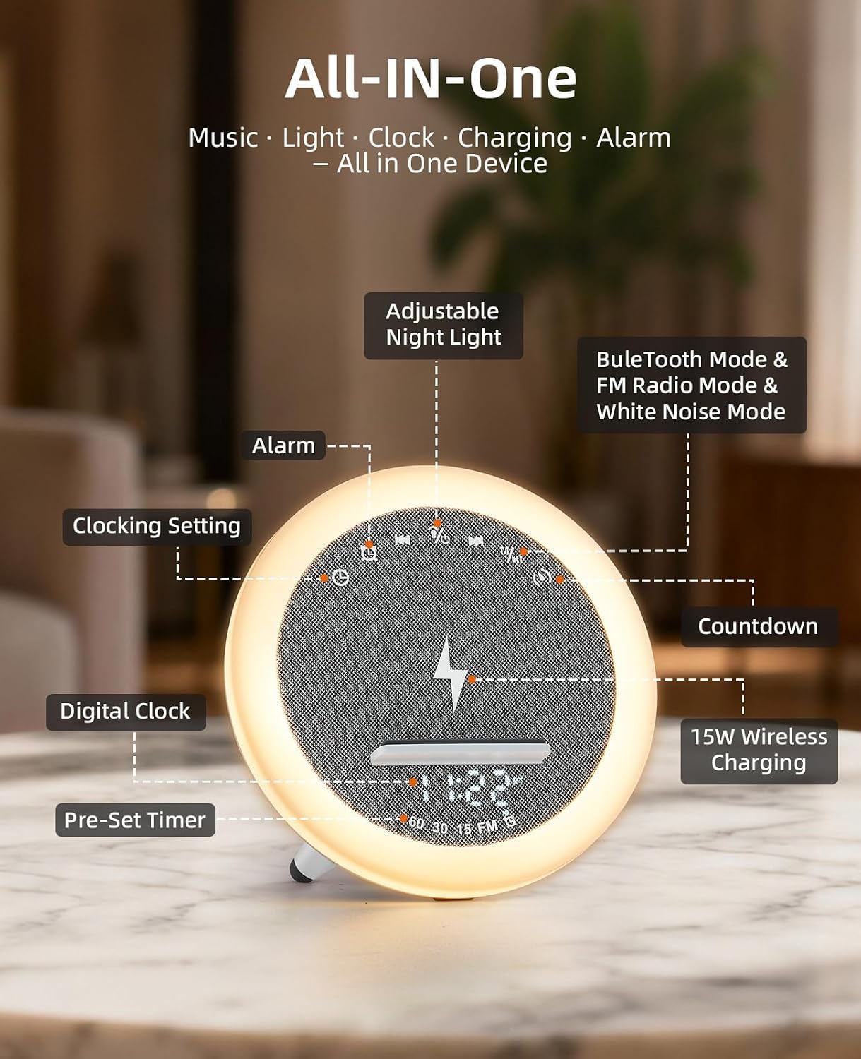 Lampe Chargeur sans Fil, Réveil avec Chargeur à Induction, Haut-Parleur Bluetooth éclairage ambiant synchronisé avec la Musique, Réveil numérique, pour lit/Salon