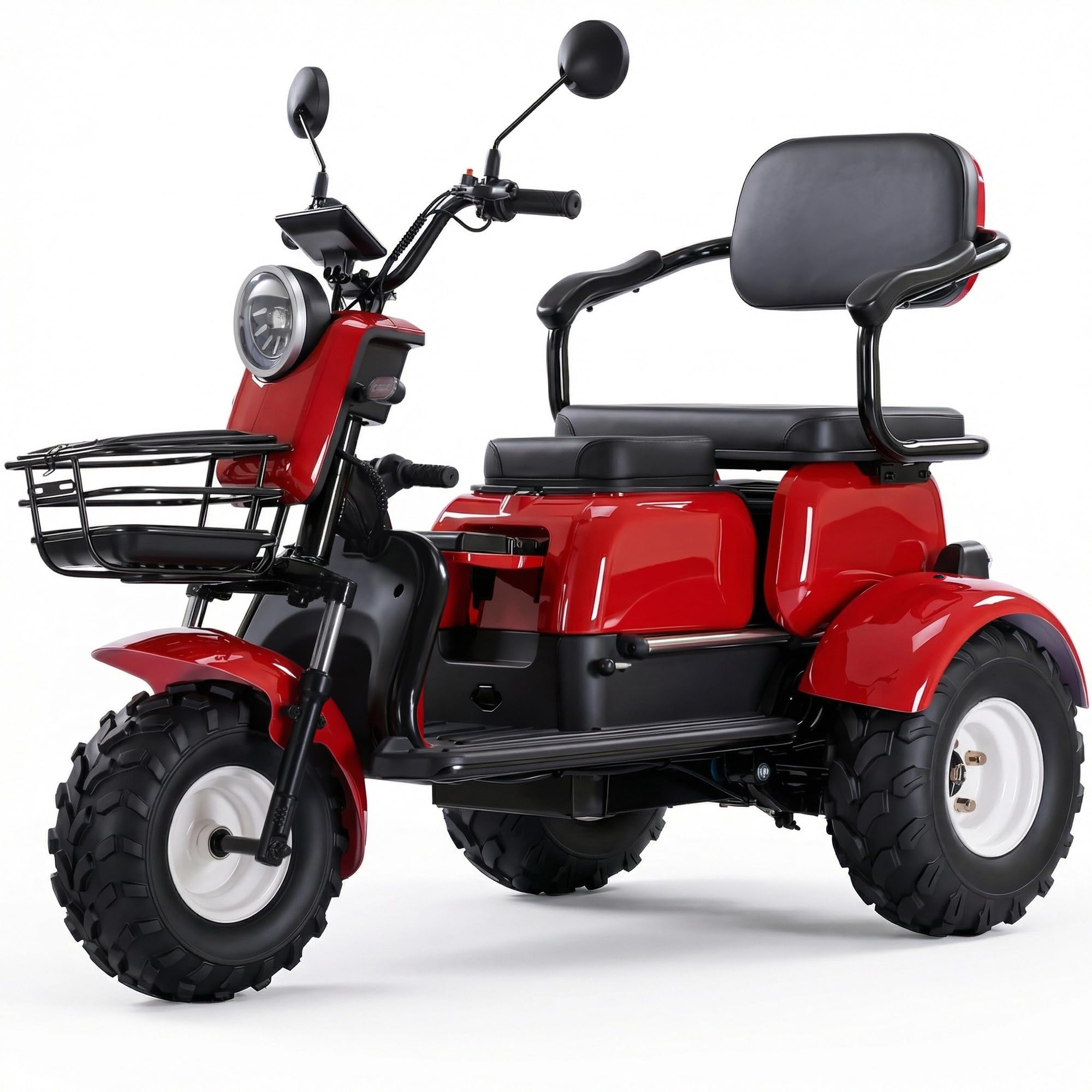 3 Wheel Electric Scooter for Adults, All Terrain Fat Tire Powered Cruiser with Comfortable Seat, Armrests, Front Basket, LED Headlight, Long Range Battery for Neighborhood, Yard & Shopping