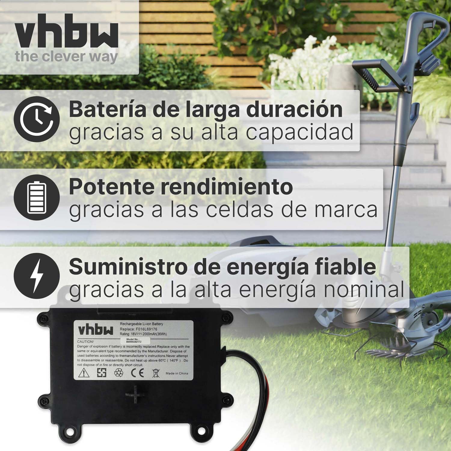 vhbw Batería Compatible con Bosch Indego S 500 cortacésped 2000mAh 18V Li