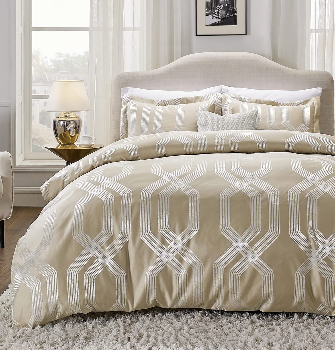 Bedsure Duvet Covers Queen Size - Gold Duvet Cover Queen, Geometric Patterned Queen Size Duvet Cover, Luxury Jacquard Hotel Duvet Cover with 2 Pillow Shams (Gold, Queen)