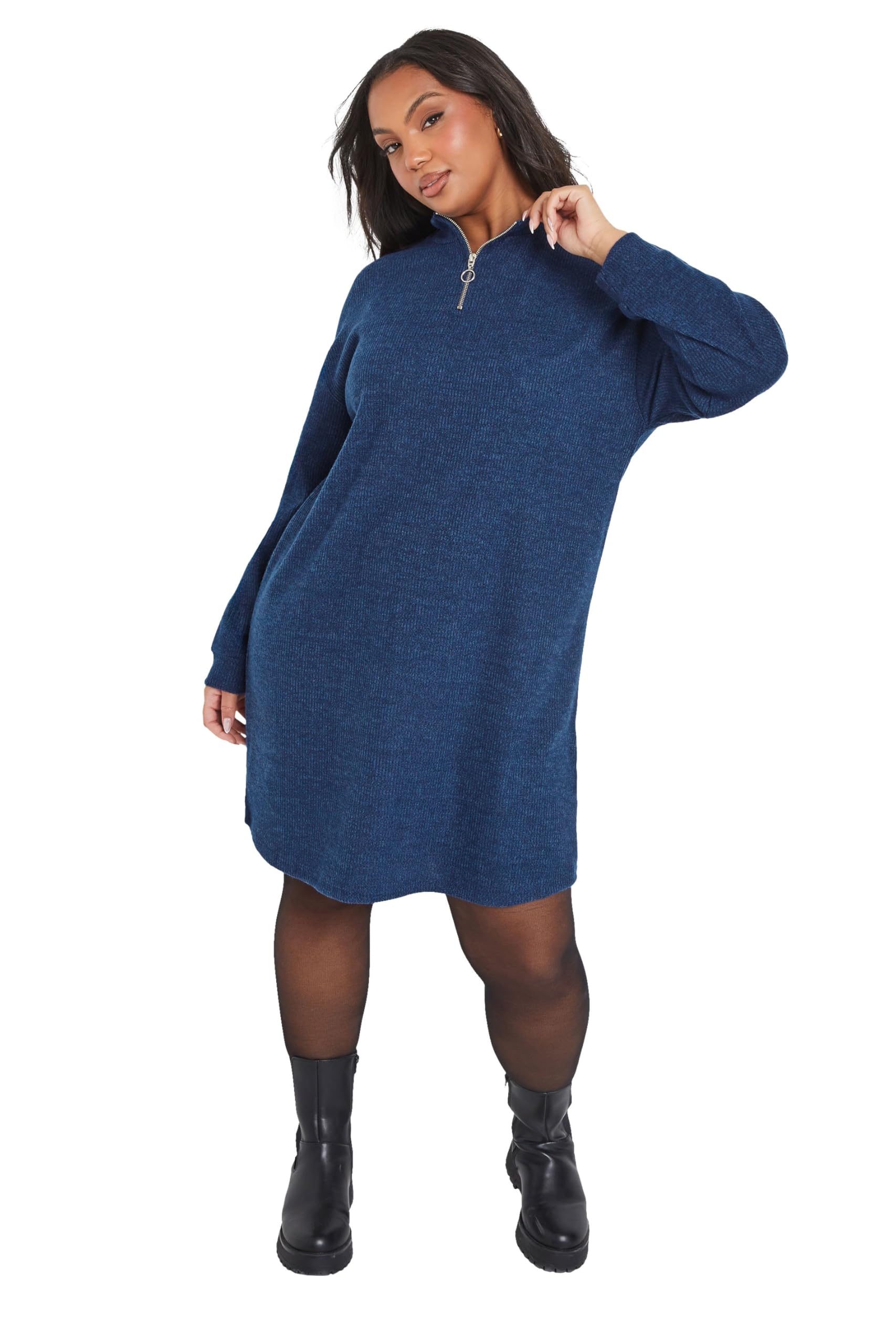 Yours Women's Blue Curve Zip Neck Ribbed Jumper Dress - Plus Size Curve