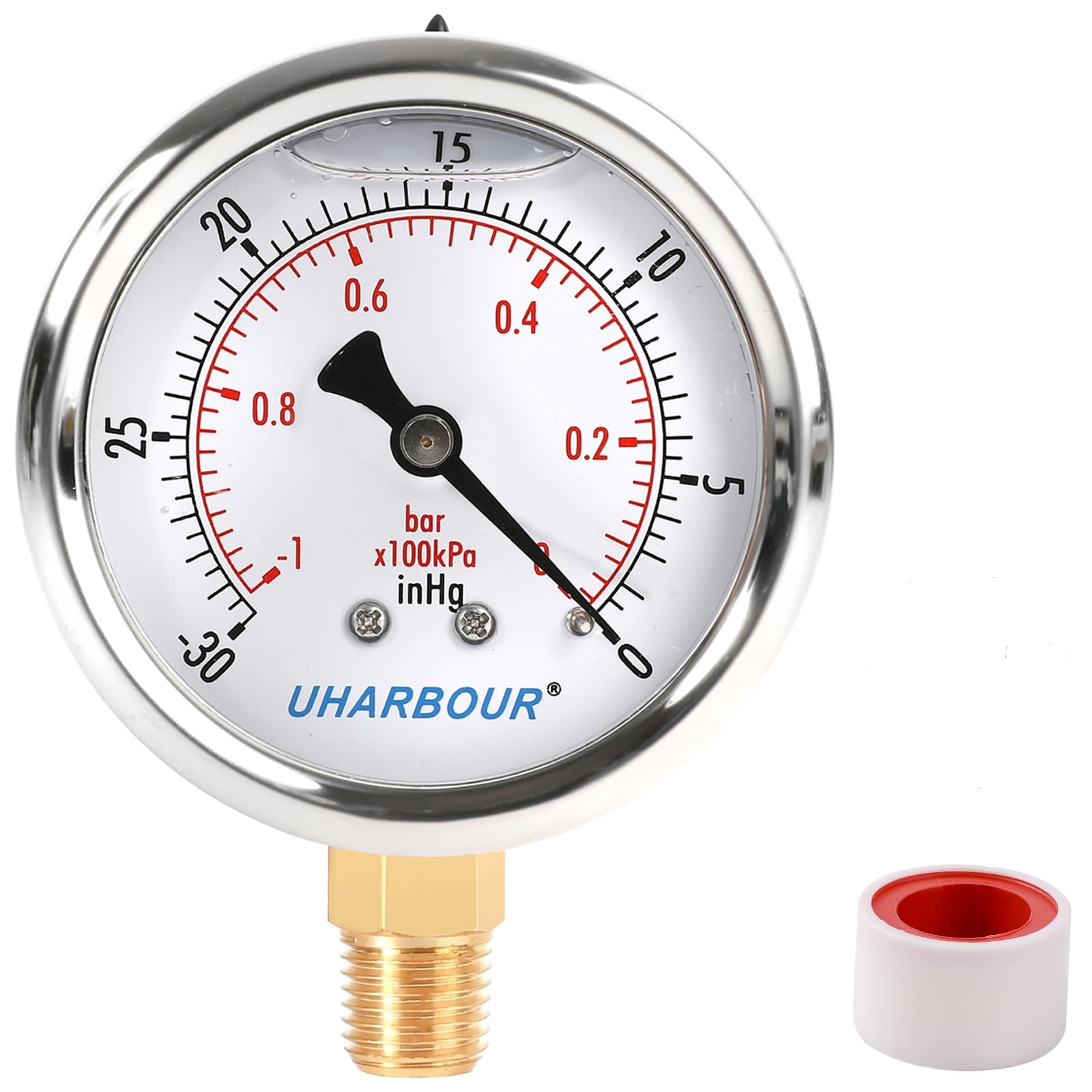 UHARBOUR Glycerin Filled Vacuum Pressure Gauge, 2-1/2" Clear dial,1/4" NPT Bottom Connection, Stainless Steel Case, Brass Movement, Dual Scales -30inHg/-1BAR-0-image-49