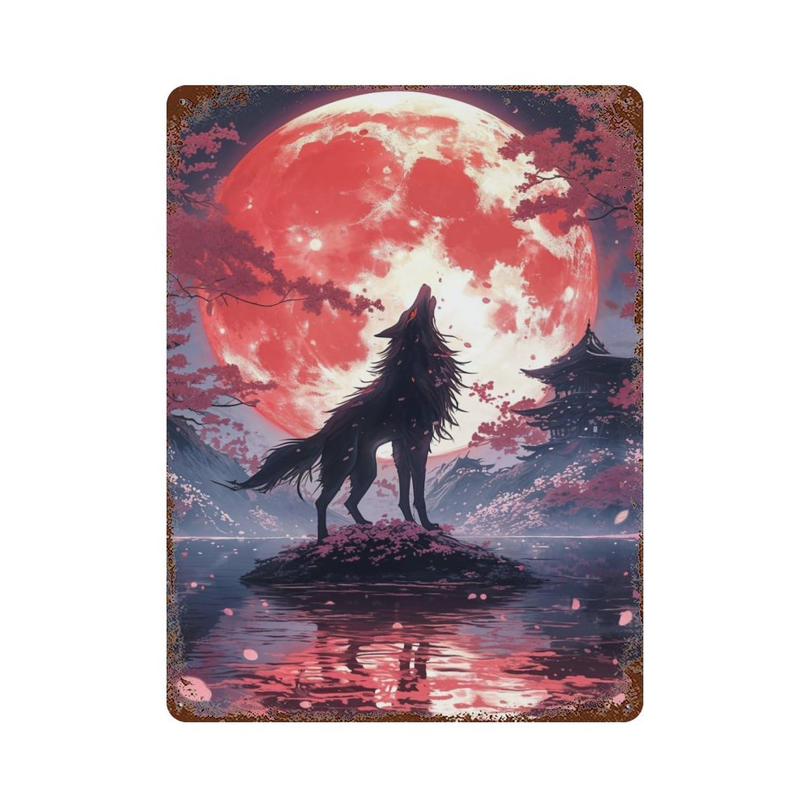 Japanese Black Wolf Decorative Tin Sign 15.7"x11.8", Ideal for Basement, Hobby Room And Garage Decor
