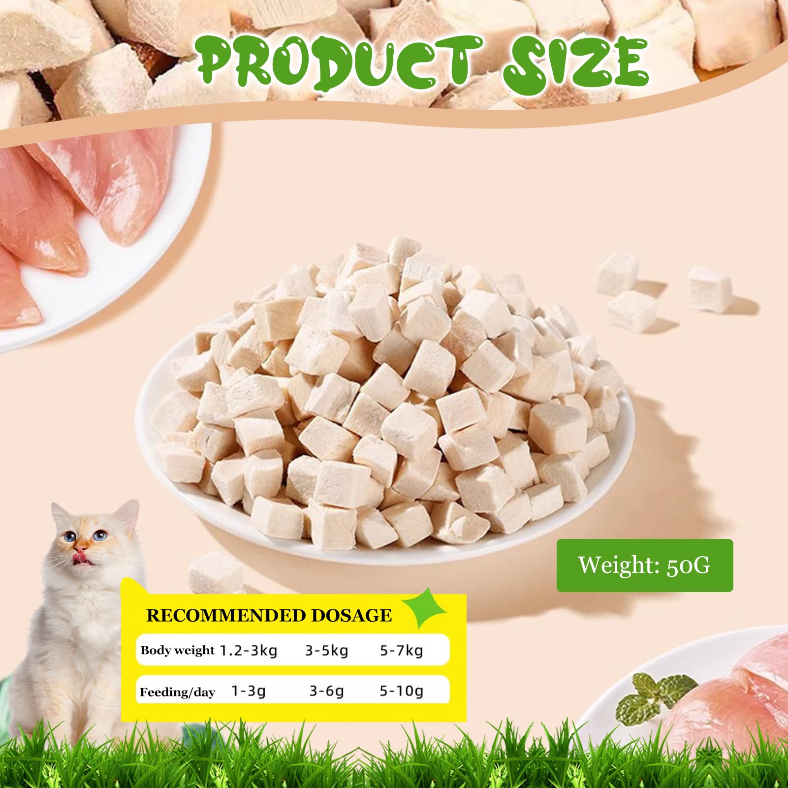 50g Chat Lyophilisé, Snacks de Poulet, pour Chiens Chats, Friandises pour Chats d'intérieur(Poulet)