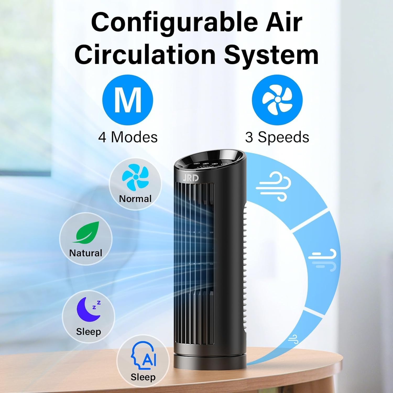 JRD 13'' Tower Fan for Bedroom, Quiet Cooling Fan Bladeless Desk Fan with Remote, 80° Oscillating, 3 Speed, 4 Mode, 12h Timer, Digital Touch Screen, Portable Table Fan for Home Desktop Office