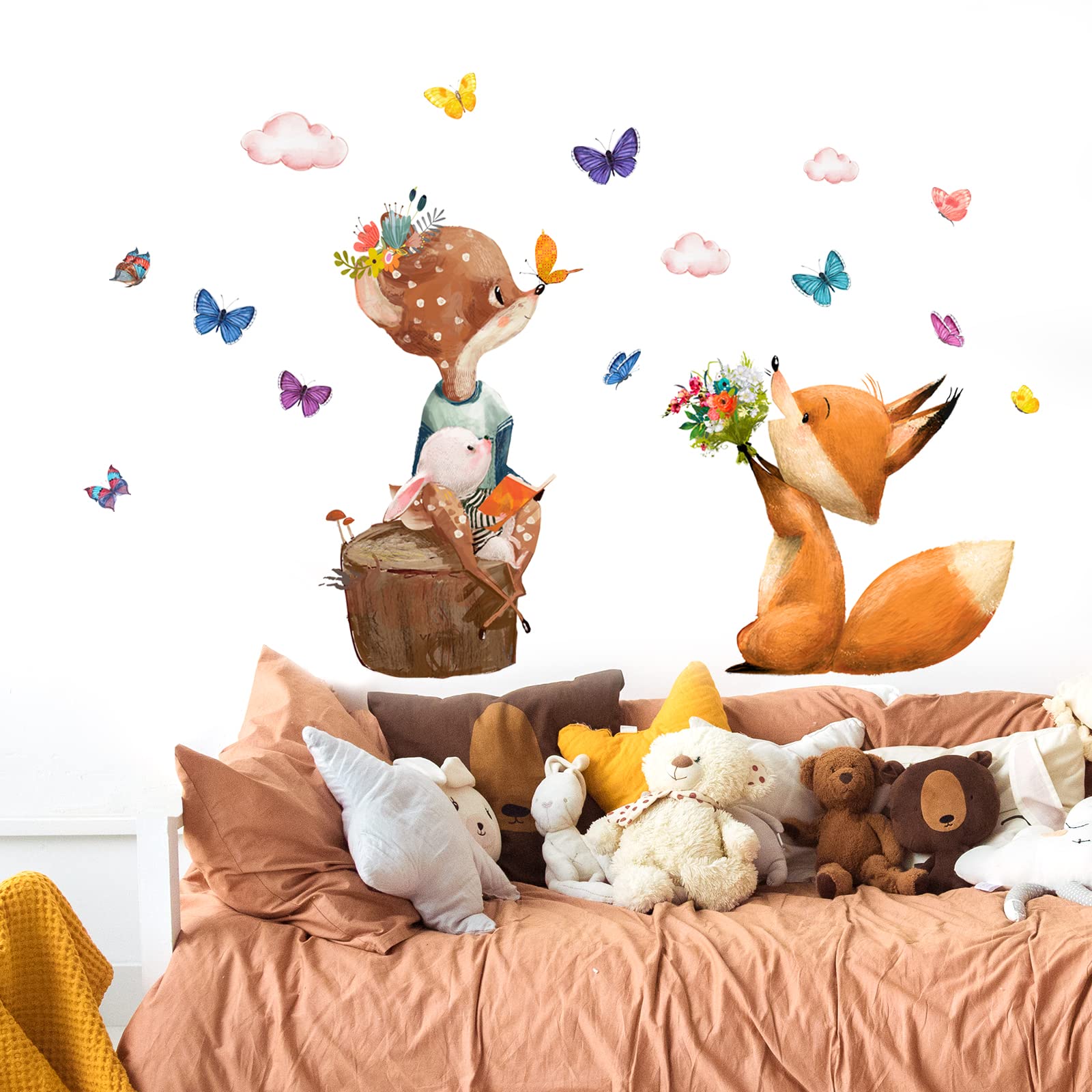 WandSticker4U®- Pegatinas pared infantiles ANIMALES del BOSQUE acuarela (78x72 cm) I vinilo adhesivo pared infantil animales Jungla zorro corzo conejo I decoración habitación infantil bebé