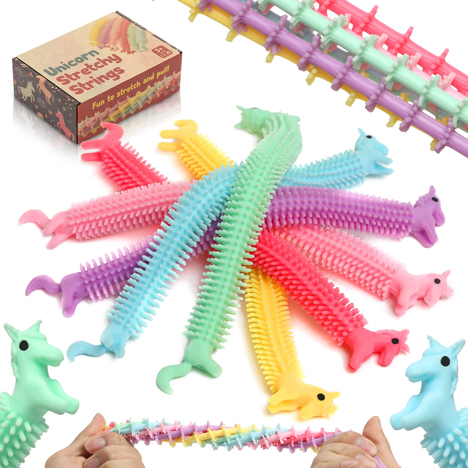 Fidget Sensory Toys 6 Pack Unicorn Stress Stretchy Strings Textured Noodles Anxiety Relief Items for Kids and Adults Relaxing Toys to Help Autism Great Gift for Easter Christmas Party Favors