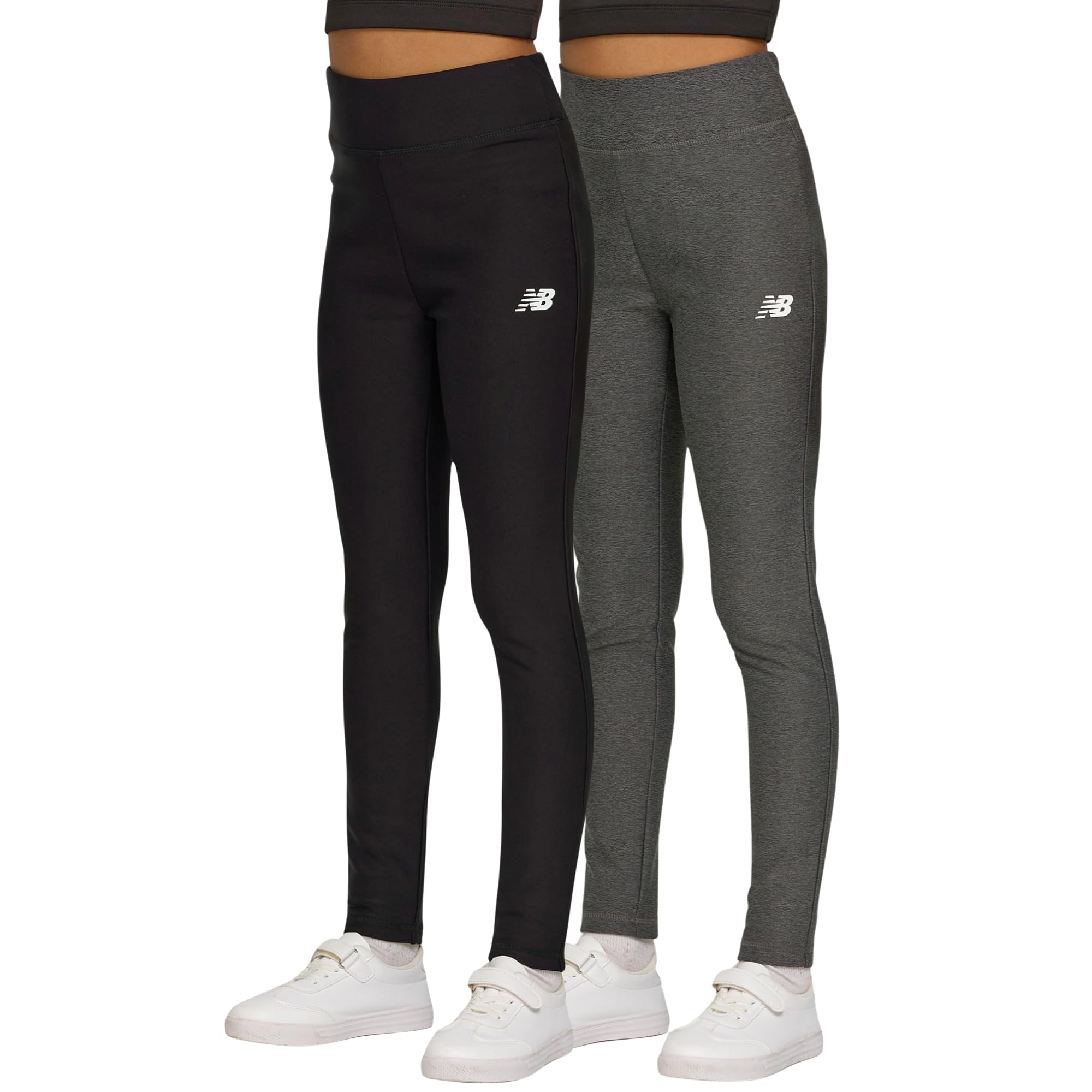 new balance girls fleece lined leggings - 2 pack soft stretch yoga pants, athletic warm thermal tights, sizes 4-16 black/charcoal