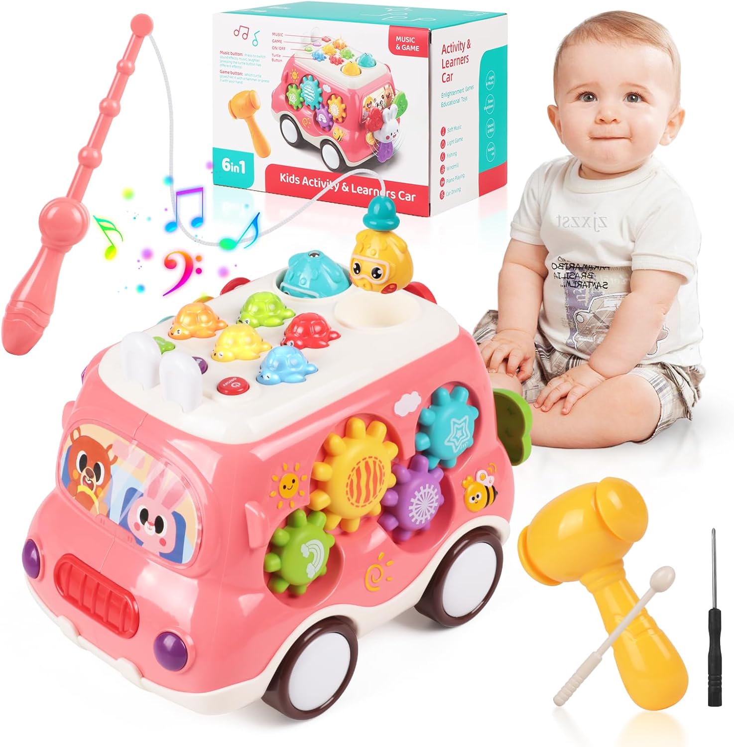Baby Bus Montessori Musical Toy for 1~3 Years Toddlers with Sound & Light, with Xylophone/Hammering/Fishing Game & Windmill & Gear Rotation etc Sensory Learning,Gift for Boys & Girls (Pink)