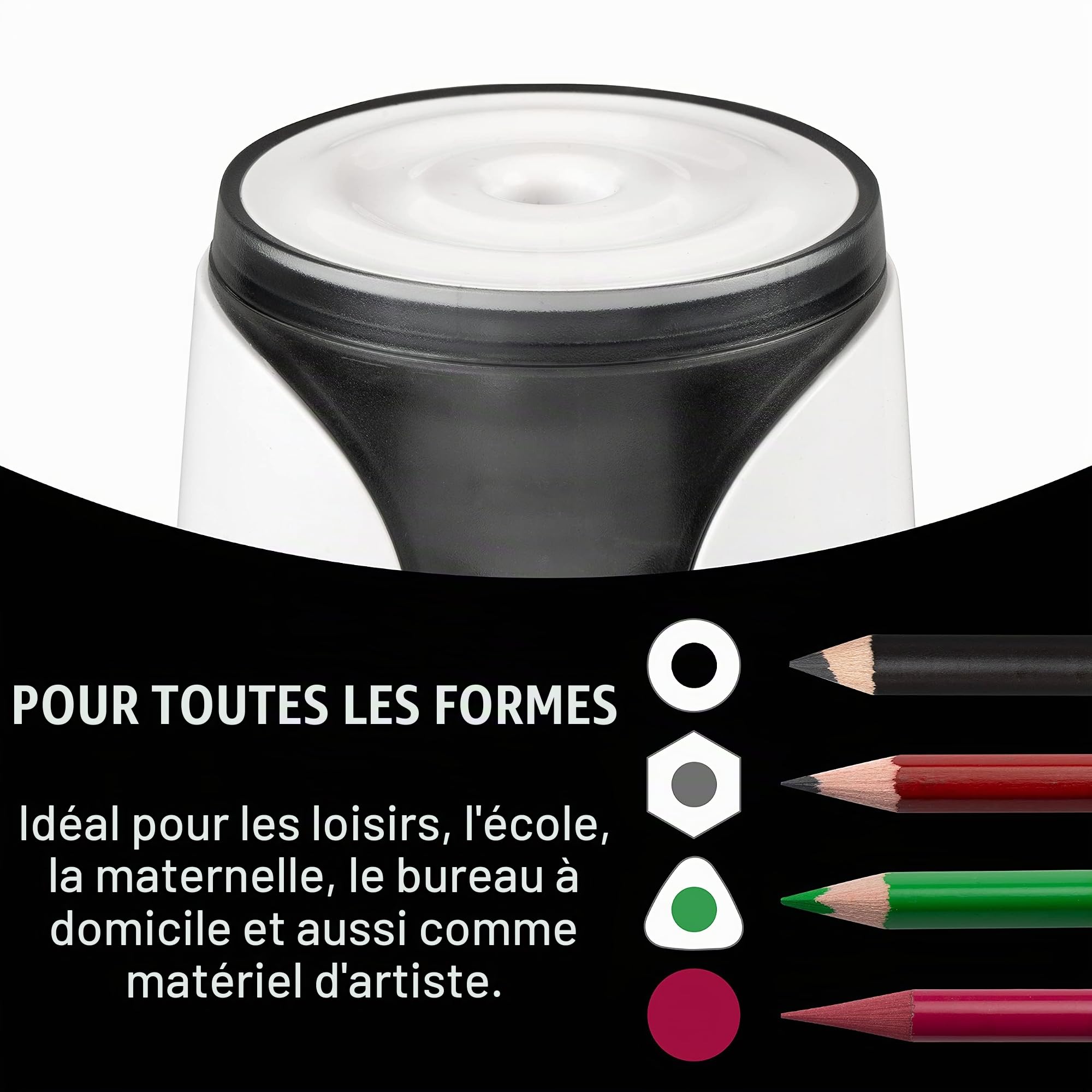 JOLLY Herbert Taille-crayon électrique grand taille-crayon électrique pour tous les stylos, même pour les crayons d'artiste fins et les crayons à mine pleine avec arrêt automatique Blanc