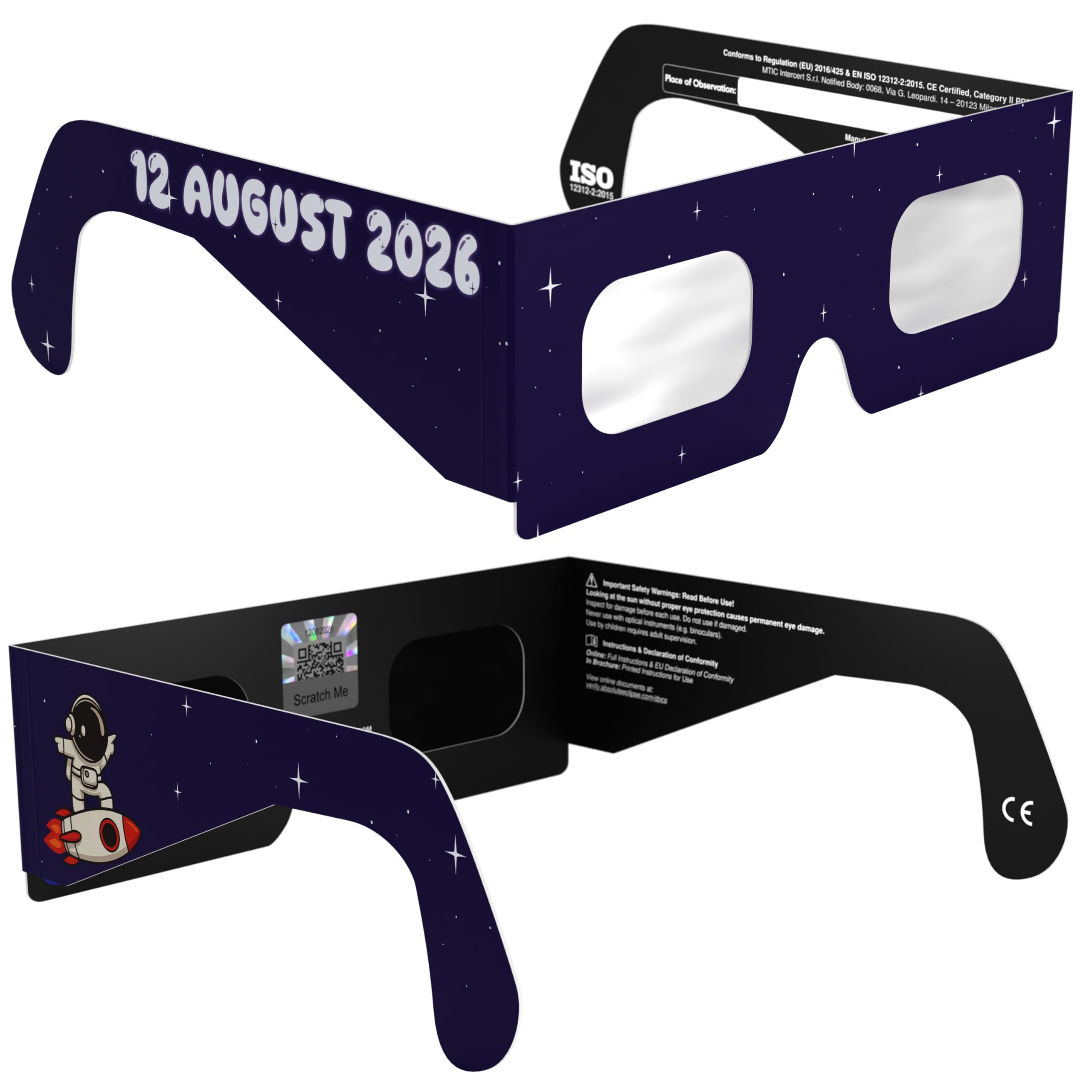 Absolute Eclipse Sonnenfinsternis Brille Kinder 2026 zum Sehen der Sonnenfinsternis - ISO 12312-2 CE Zertifiziert - 2er Pack - Design Rocketrider - Erwachsene Kinder - EU Hersteller Anerkannt AAS
