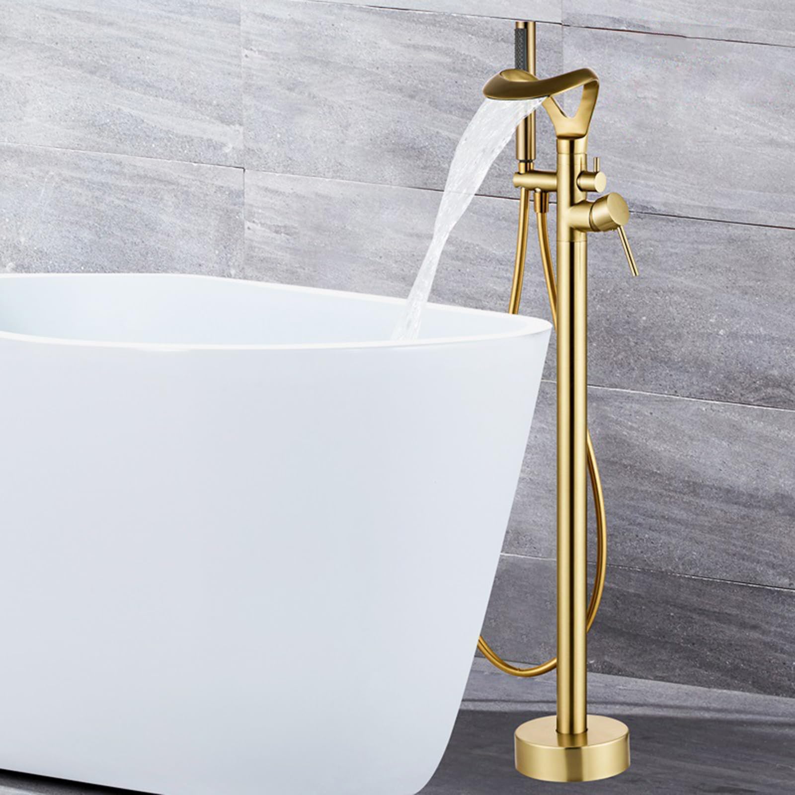 Rubinetto Vasca da Bagno da Terra con Doccetta 360° Rotazione Miscelatore a Cascata per Vasca da Bagno 2 Modalità,Oro Spazzolato