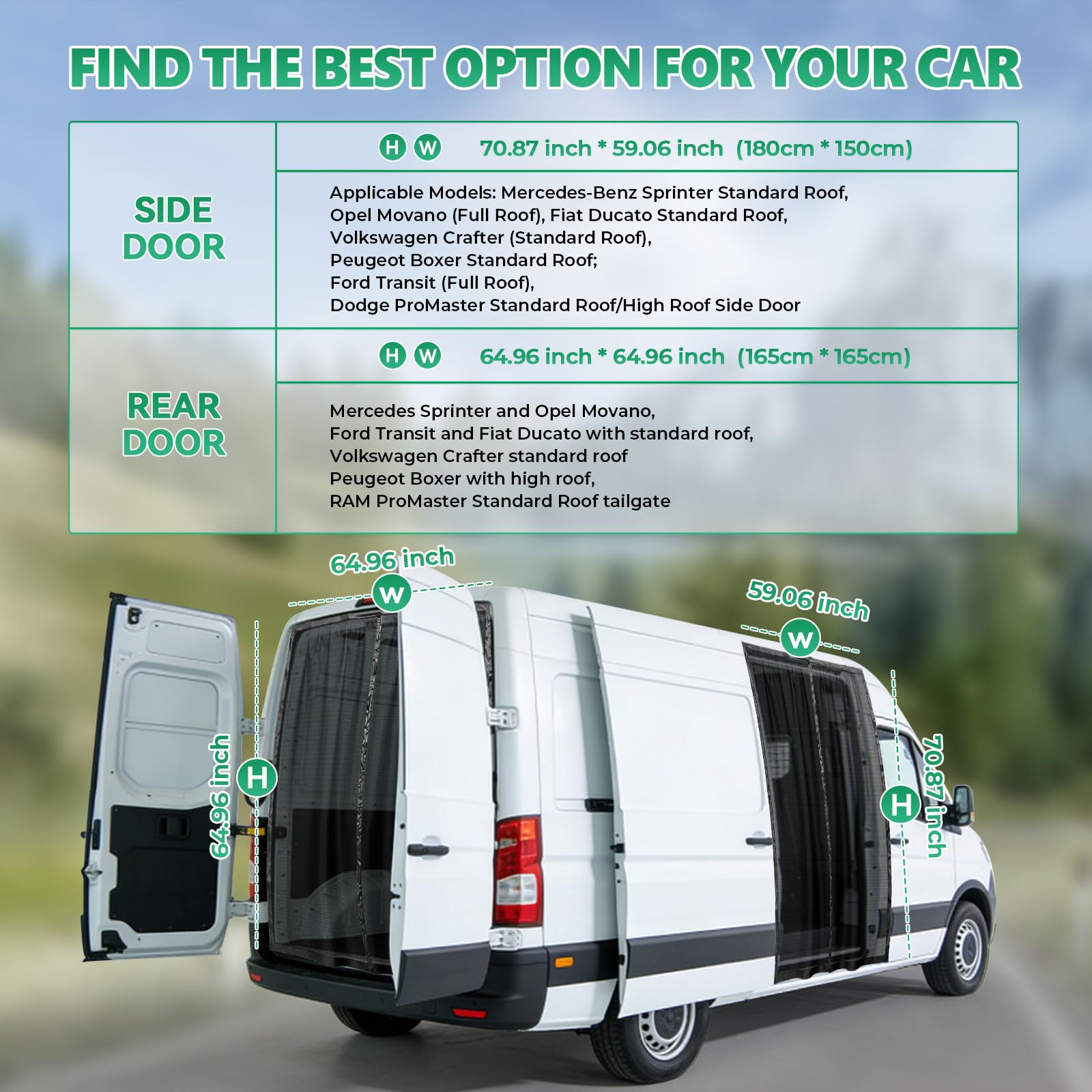 Mosquitera magnética universal para puerta lateral para Mercedes Sprinter, Opel Movano, Fiat Ducato, cierre magnético en los bordes y en el medio, 180 x 150 cm
