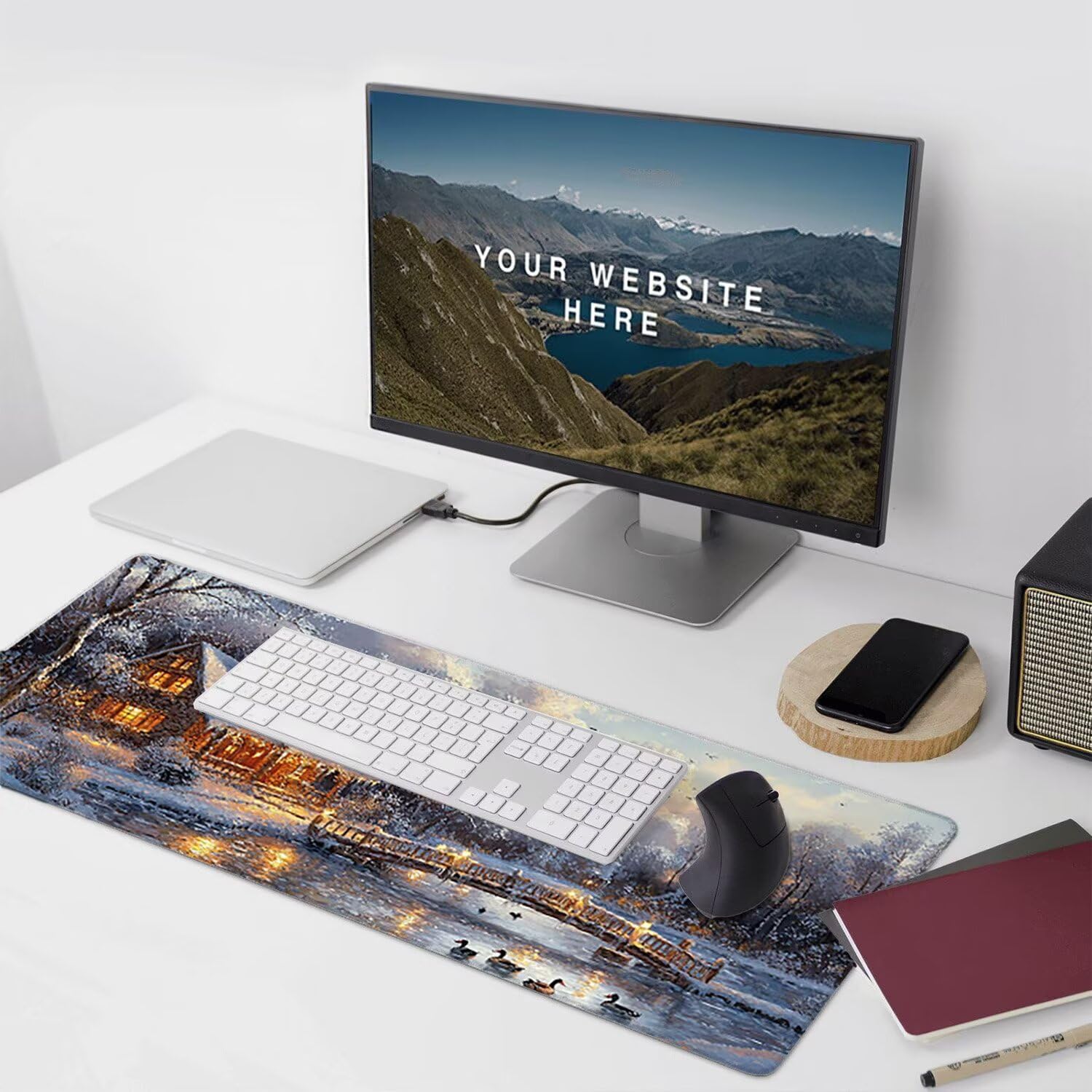 Podkładka pod mysz do gier XXL Mousepad 1000 x 500 mm, duża podkładka pod biurko z antypoślizgową gumową podstawą dla graczy, poprawia precyzję i szybkość (krajobraz śniegu) X-929