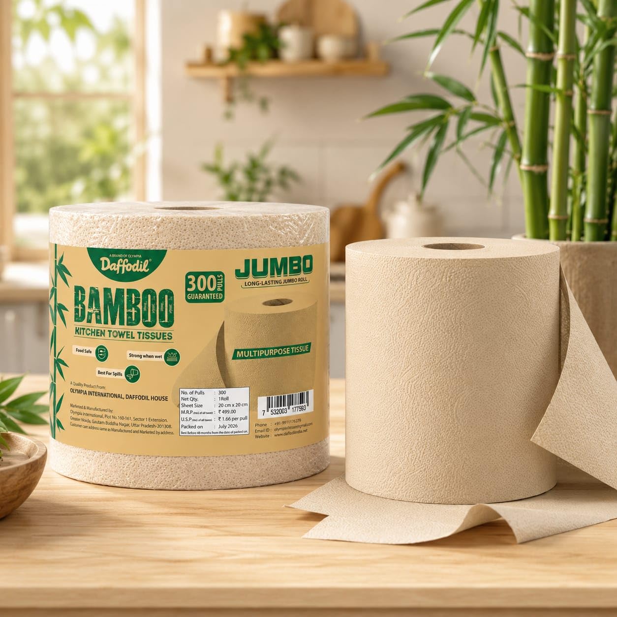 DAFFODIL JUMBO 2 Ply Bamboo Kitchen Towels – 300 Pulls, Pack of 1 Roll | 100% Eco-Friendly - Pure Bamboo Pulp |Soft & Super Absorbent | Food Safe-image-23