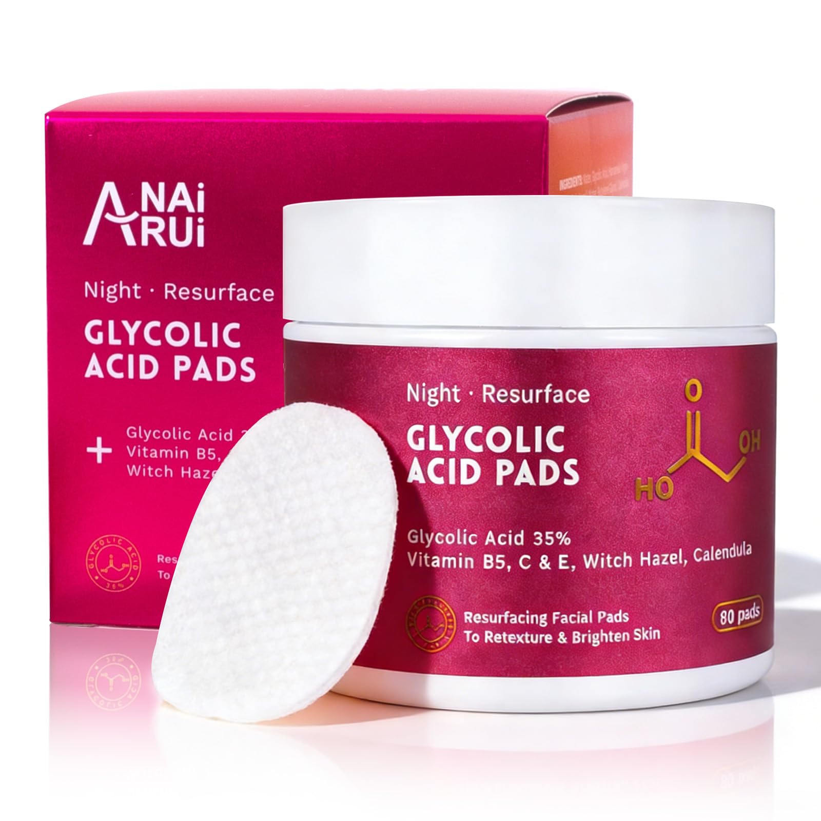 ANAIRUI 35% Glycolic Acid Peel Pads - Extra Strength Professional Chemical Peel for Mature Skin, Dark Spots & Fine Lines - 80 Pads