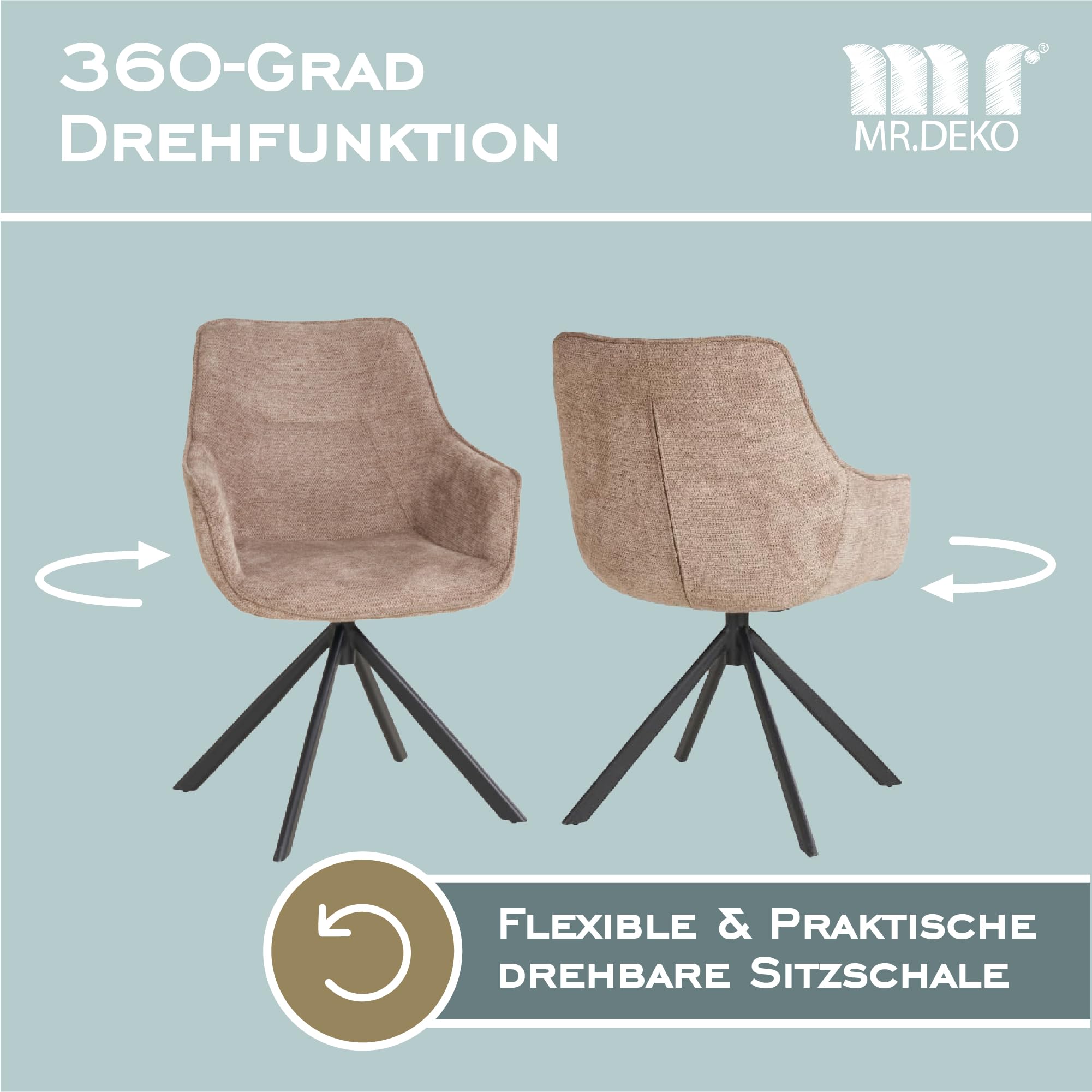 MR. DEKO Diningsessel 2-er Set San Carlo | drehbarer Esszimmerstuhl mit Armlehnen & Rückenlehne | 2 Moderne Polstersessel mit Schaumstoffkern | Drehstuhl 360 Grad | Essstuhl stabil und ergonomisch
