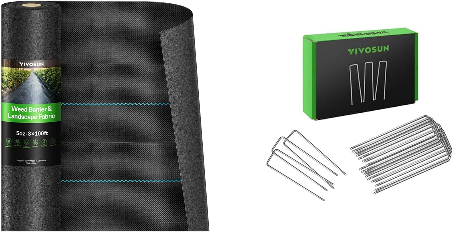 VIVOSUN 3ftx100ft 5oz Double-Layered Weed Control Mat with High Permeability and 6 Inch 50-Pack Garden Stakes, Galvanized Steel Landscape Stapes 11 Gauge U-Shaped Pins for Weed Barrier Fabric, Ground