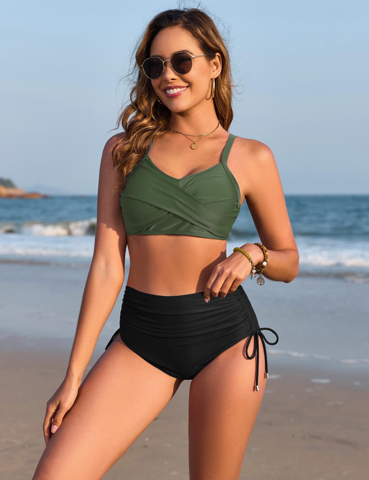 Nadeer Costume da Bagno Donna Push Up Scollo a V Imbottito Reggiseno Due Pezzi Bikini Pantaloncini da Bagno con Coulisse Laterale a Pieghe Sexy Spiaggia Beachwear Swimwear